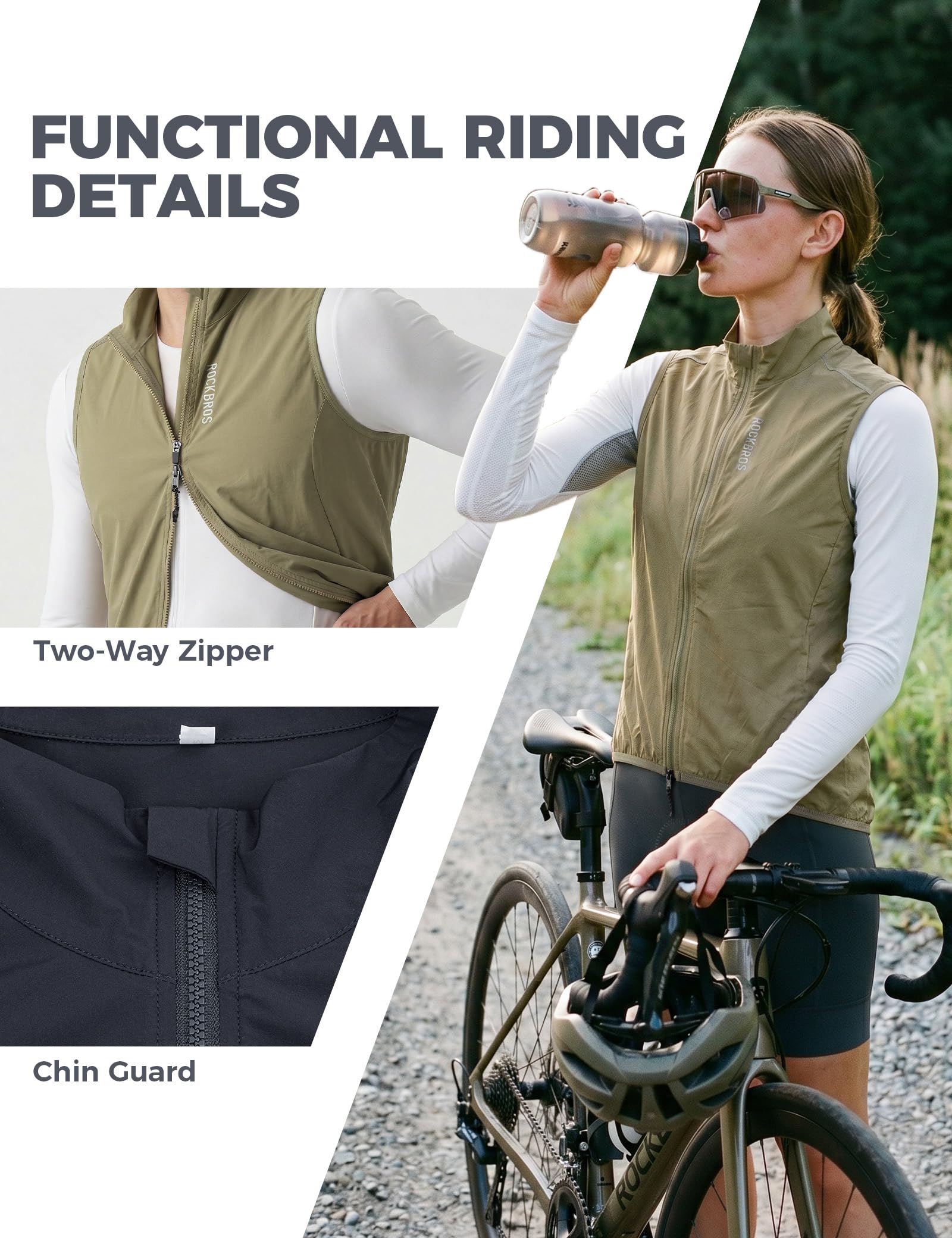 Windproof cycling gilet detail view
