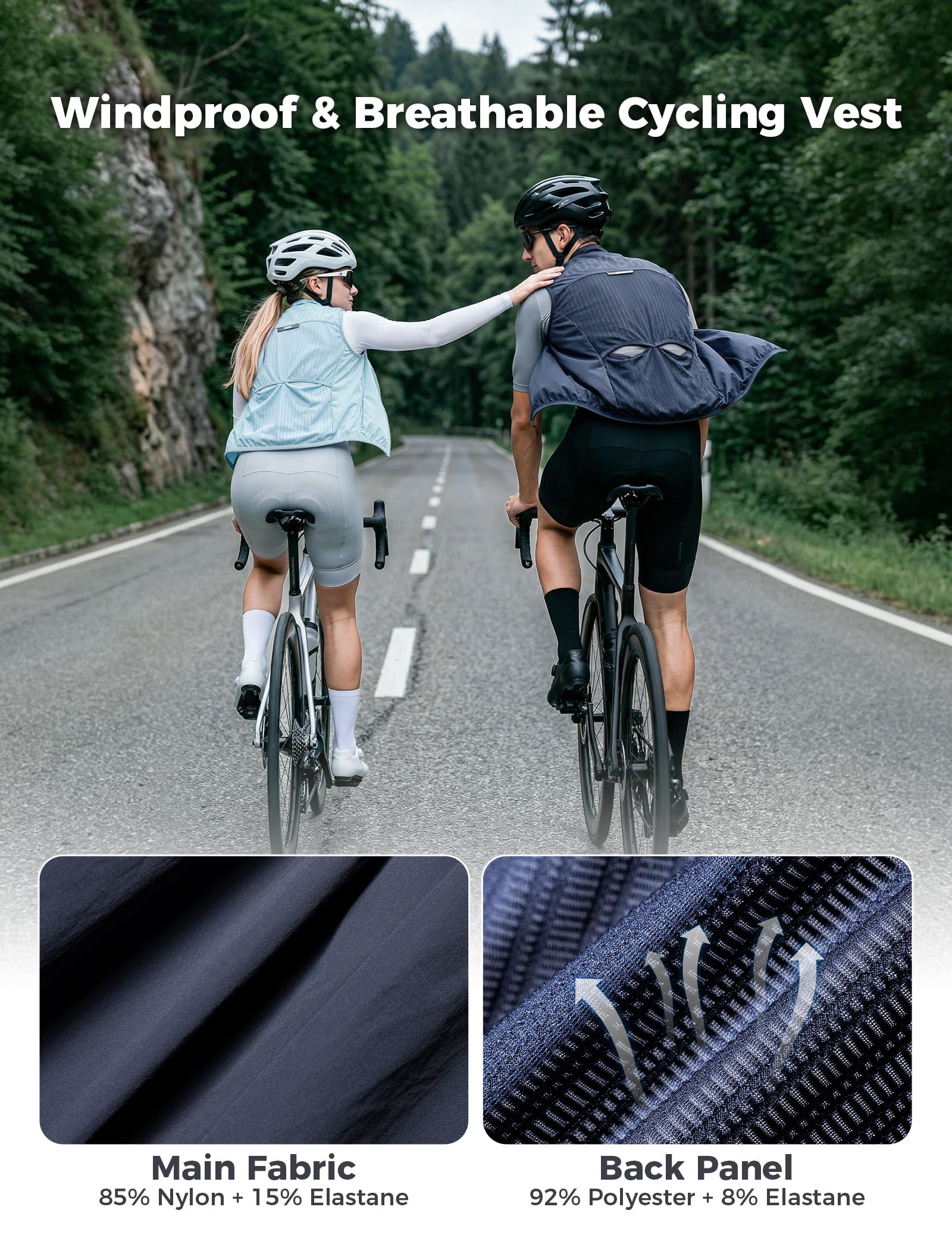 Windproof cycling gilet detail view