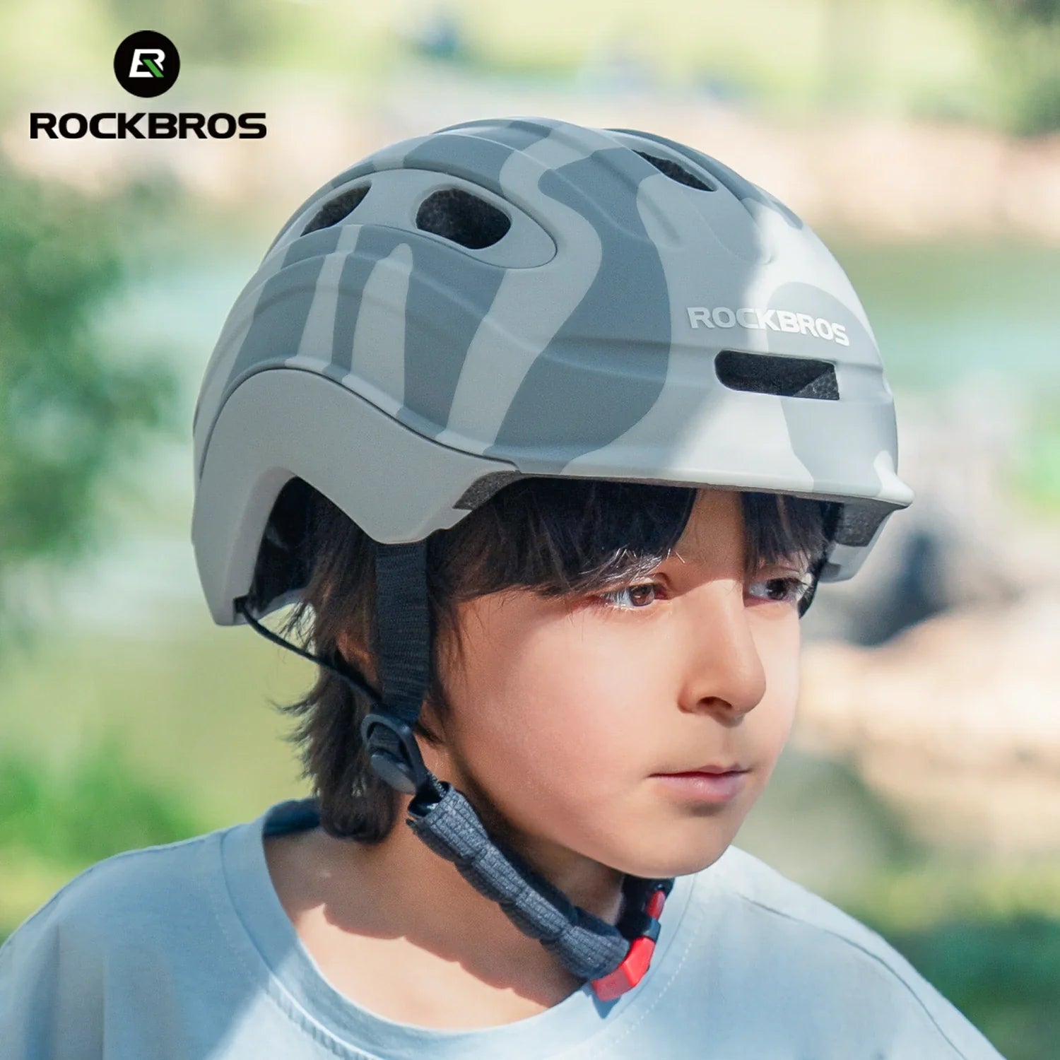 ROCKBROS colourful kids bike helmet with vibrant design, providing reliable protection, adjustable fit, and comfort for young riders. 