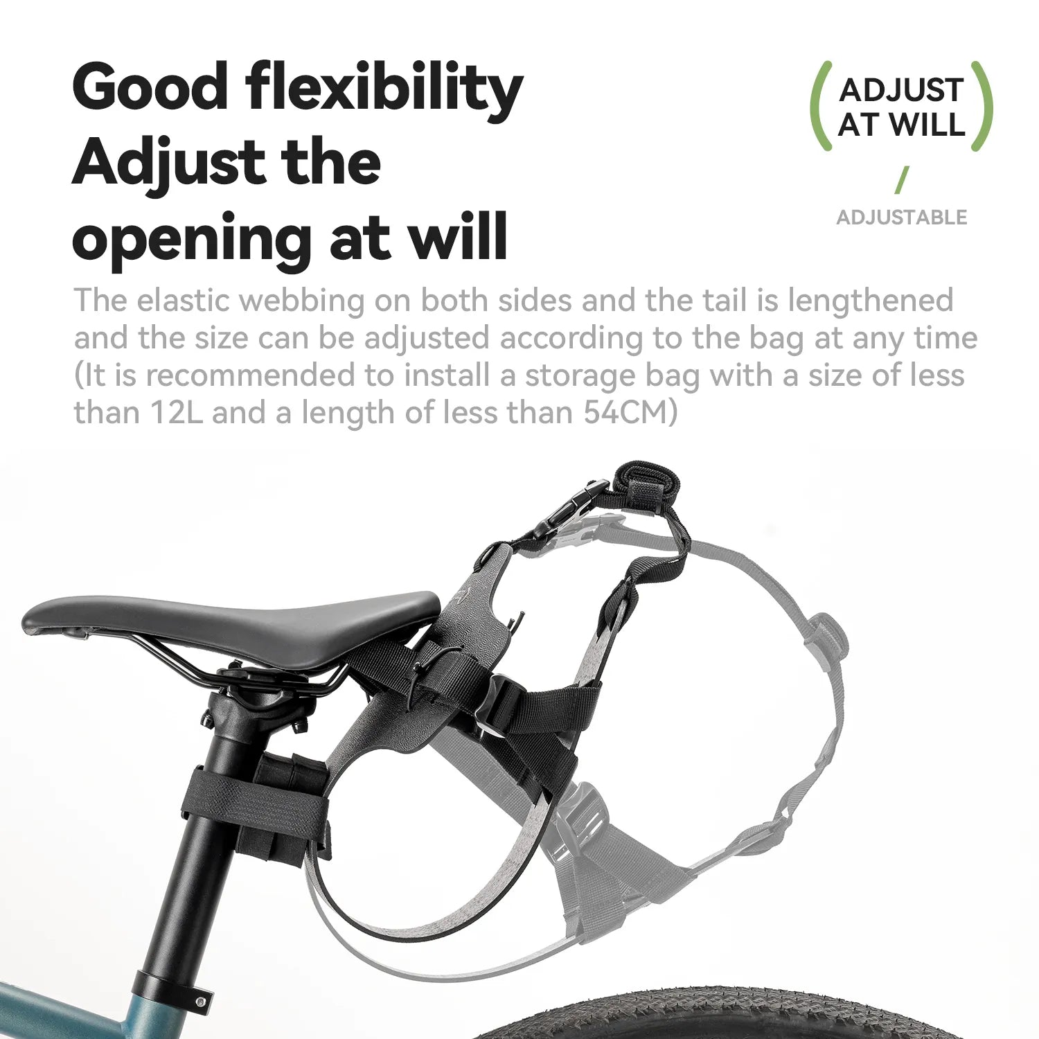 Bicycle seat with adjustable strap and text describing flexibility and adjustability.