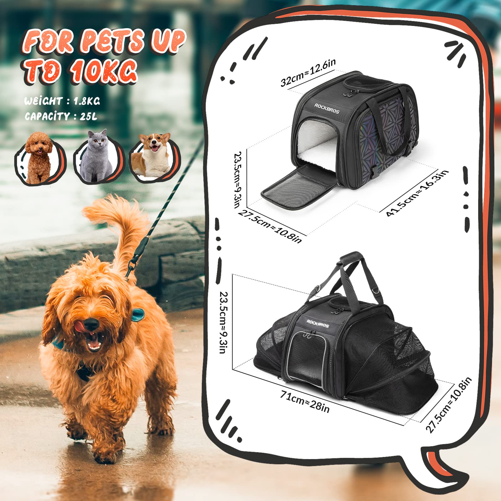 ROCKBROS 25L Foldable Pet Carrier Bag for Cats and Dogs Portable Breathable