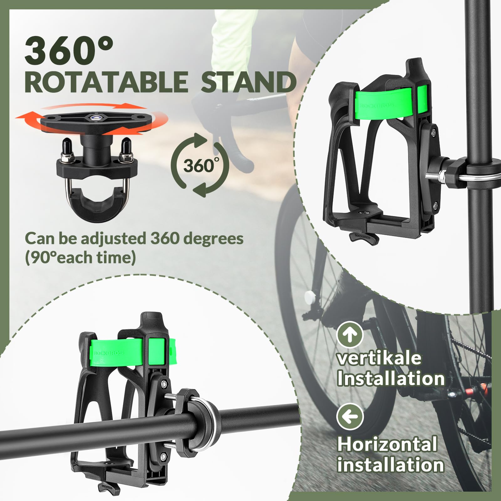 ROCKBROS 360° Rotation Bicycle Water Bottle Cage Lightweight & Strong #Color_Black Green