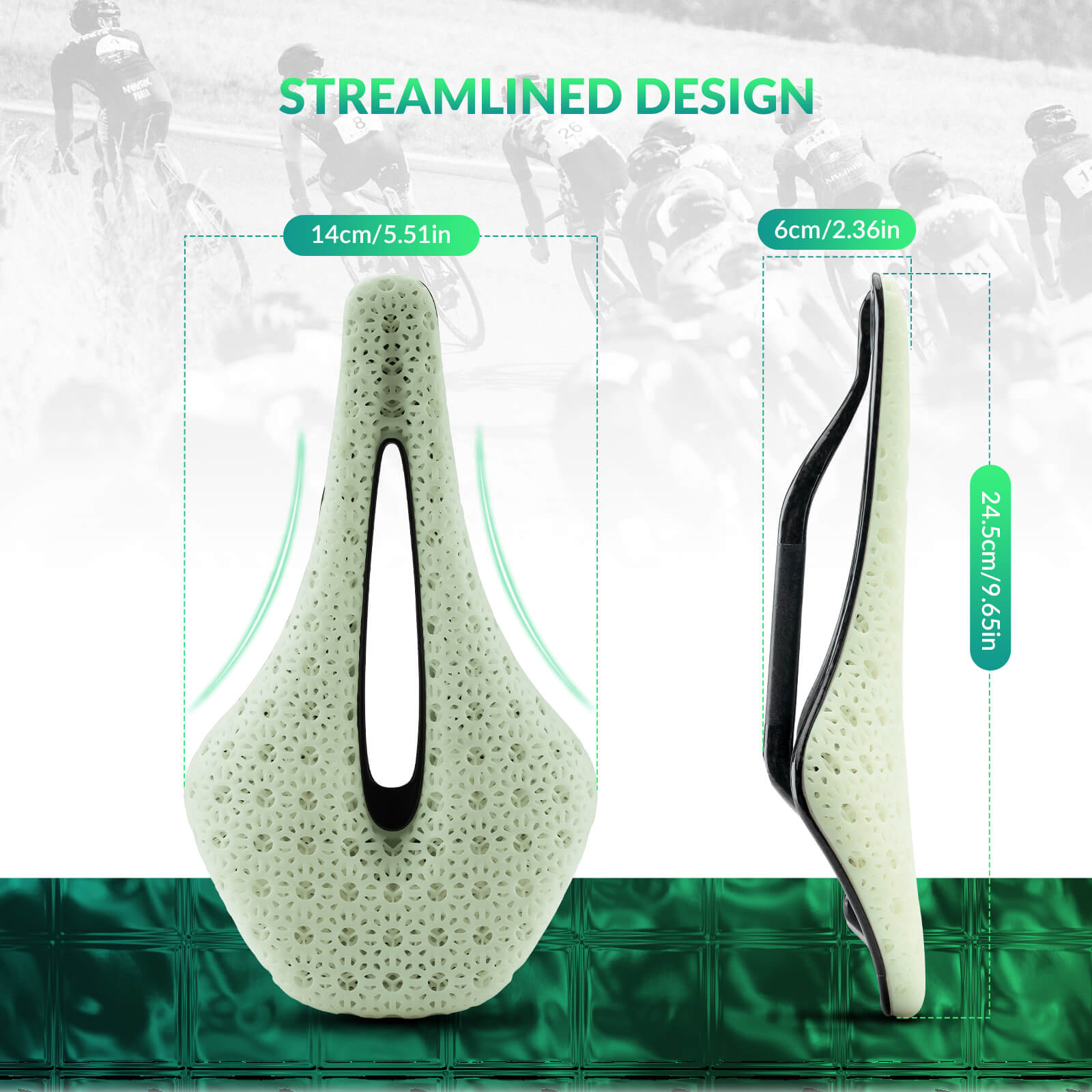 ROCKBROS 3D print carbon bicycle saddle, shock-absorbing, ultralight, breathable #Color_Green