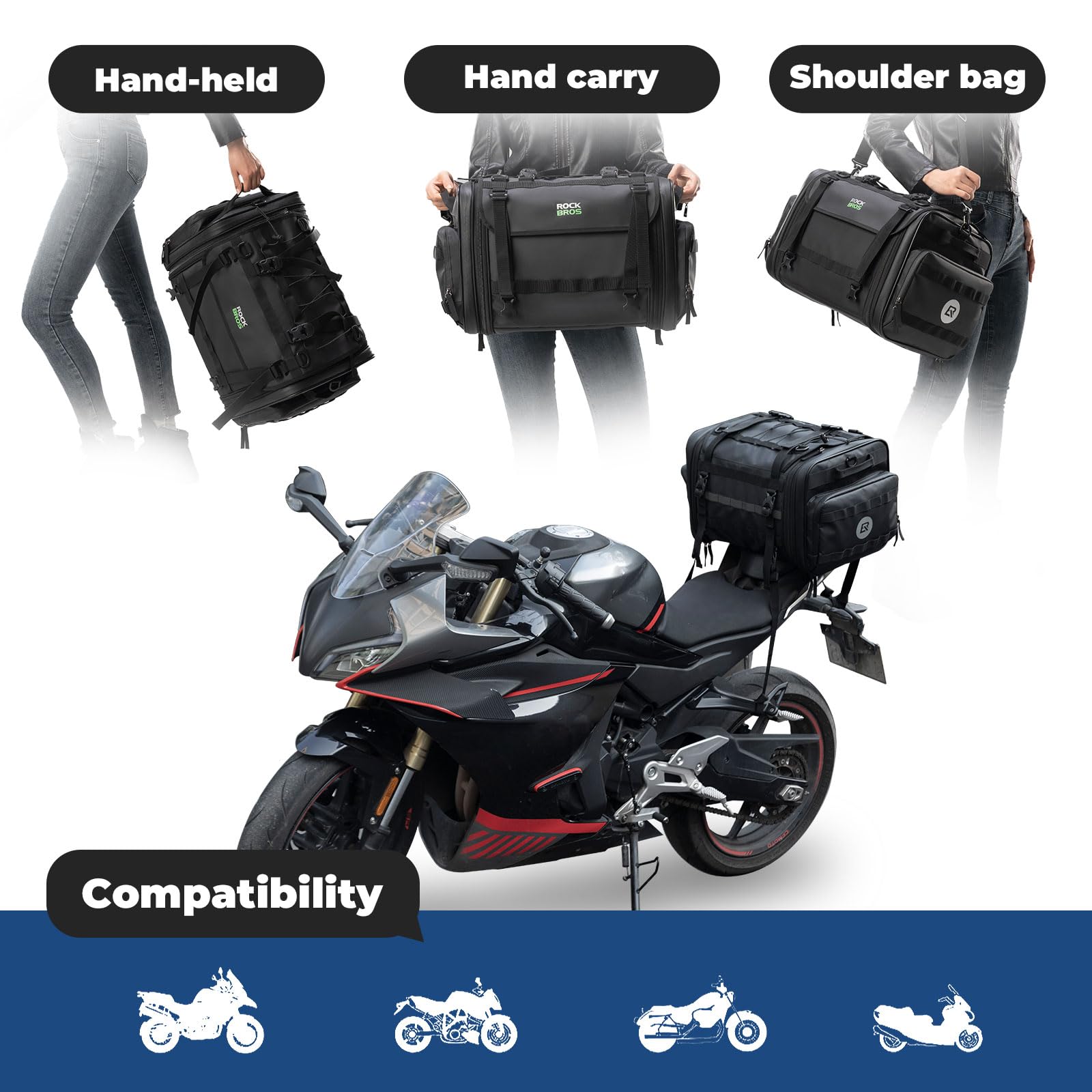 ROCKBROS 43-50L Motorcycle Saddle Bag Waterproof Tail Bag with Rain Cover