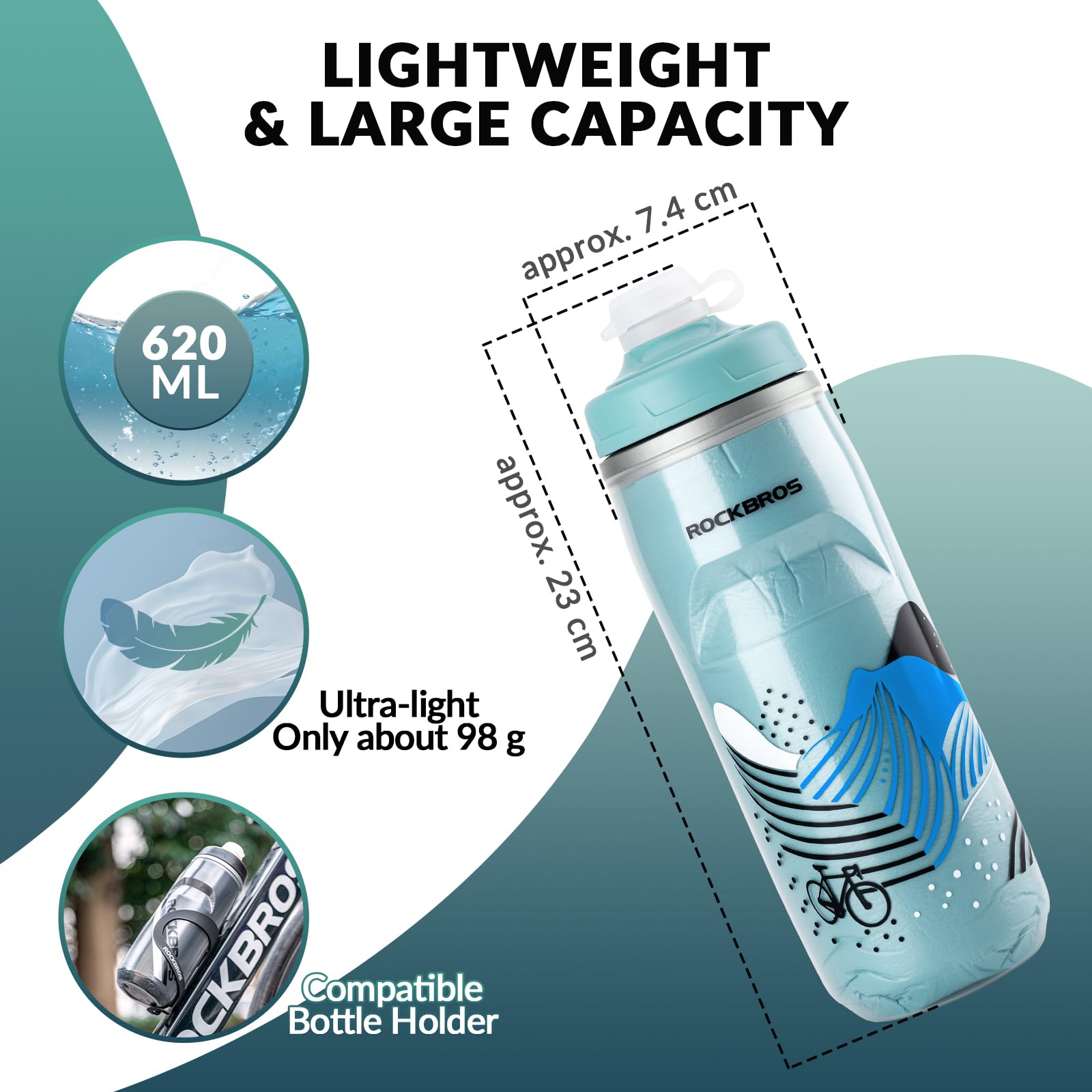 ROCKBROS 620ml Leakproof Insulated Sports Water Bottle for Bikes Outdoor #Color_Lake Teal