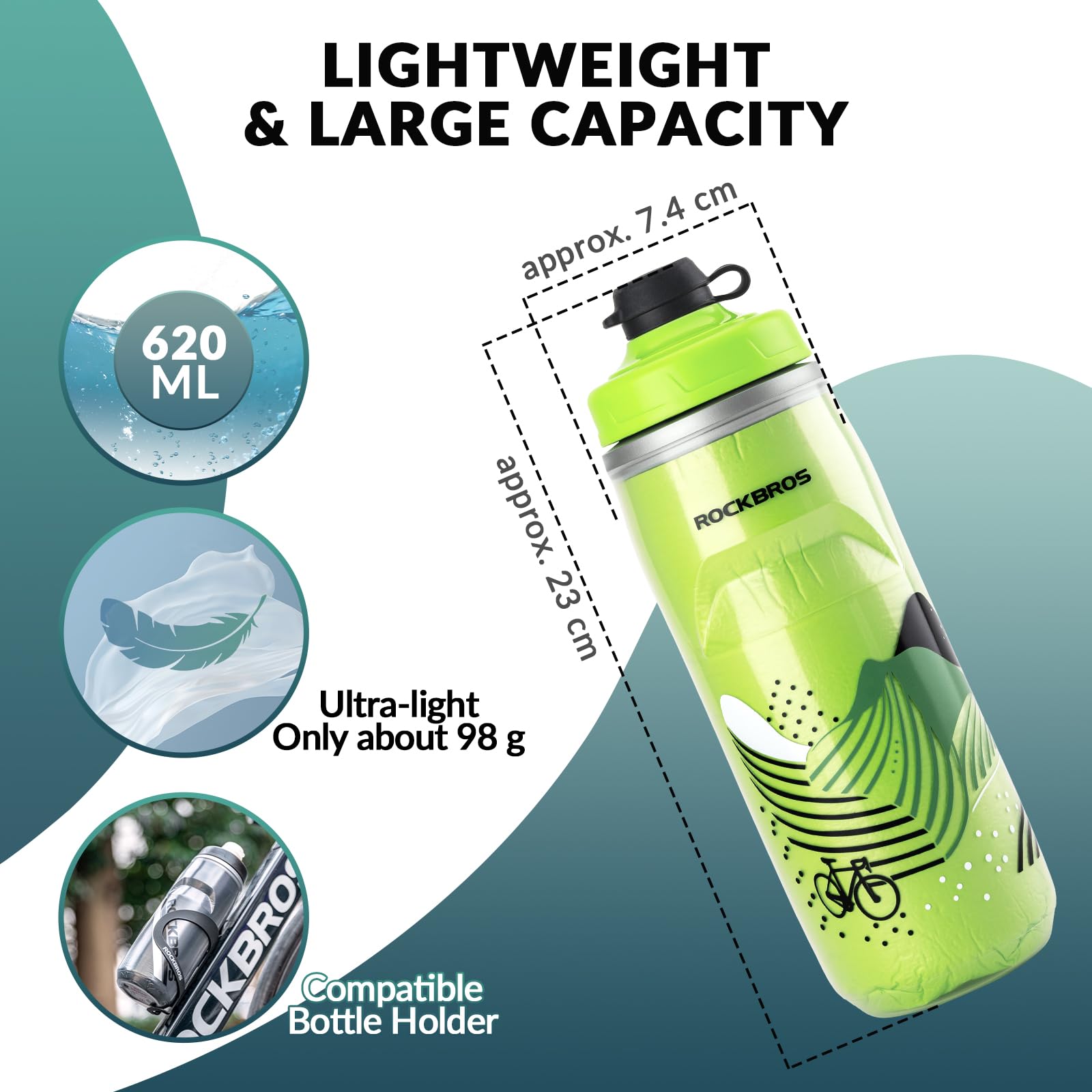 ROCKBROS 620ml Leakproof Insulated Sports Water Bottle for Bikes Outdoor #Color_Vivid Lime Green