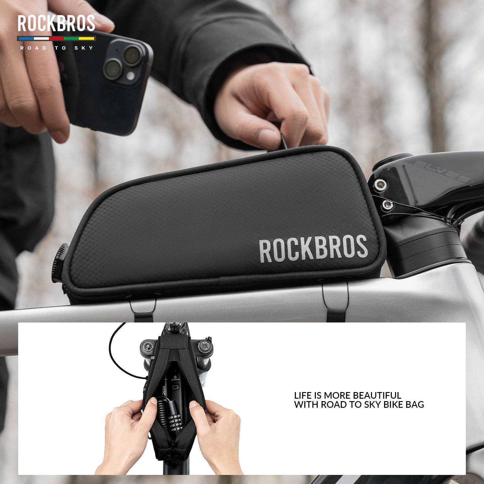 ROCKBROS Bicycle Top Tube Bag Frame Bag 0.7L Reflective Bicycle Bag #Color_Black
