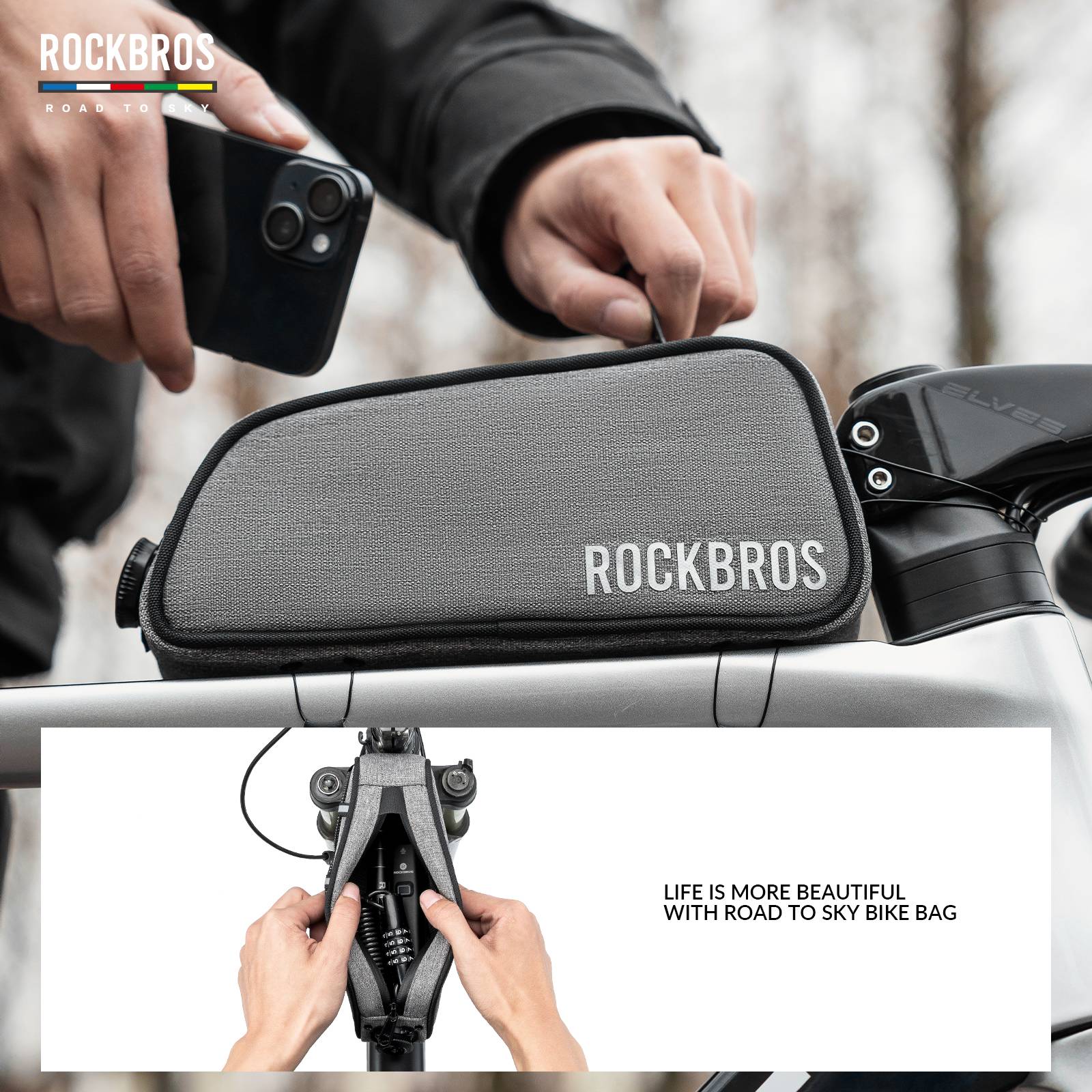 ROCKBROS Bicycle Top Tube Bag Frame Bag 0.7L Reflective Bicycle Bag #Color_Linen Gray