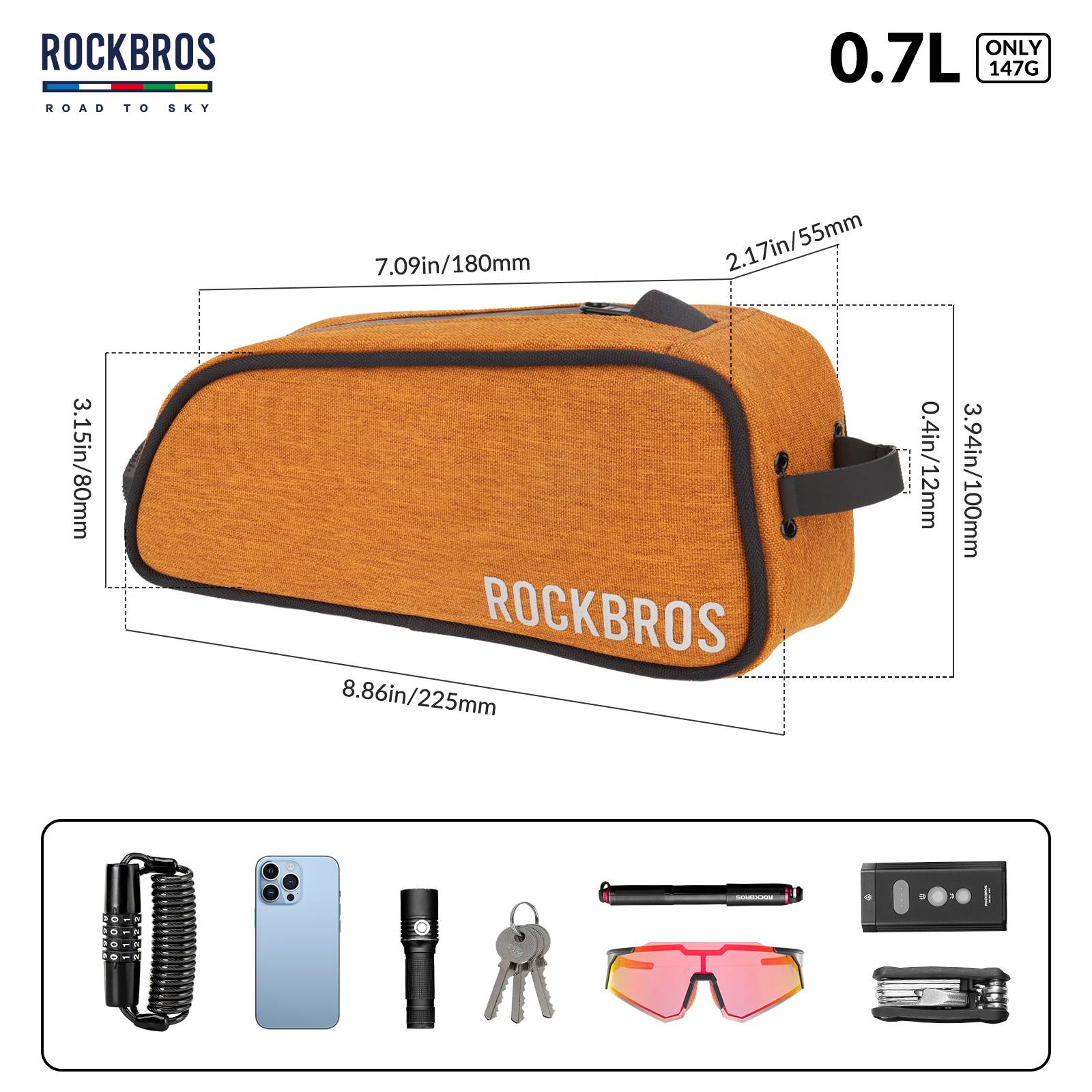 ROCKBROS Bicycle Top Tube Bag Frame Bag 0.7L Reflective Bicycle Bag #Color_Orange