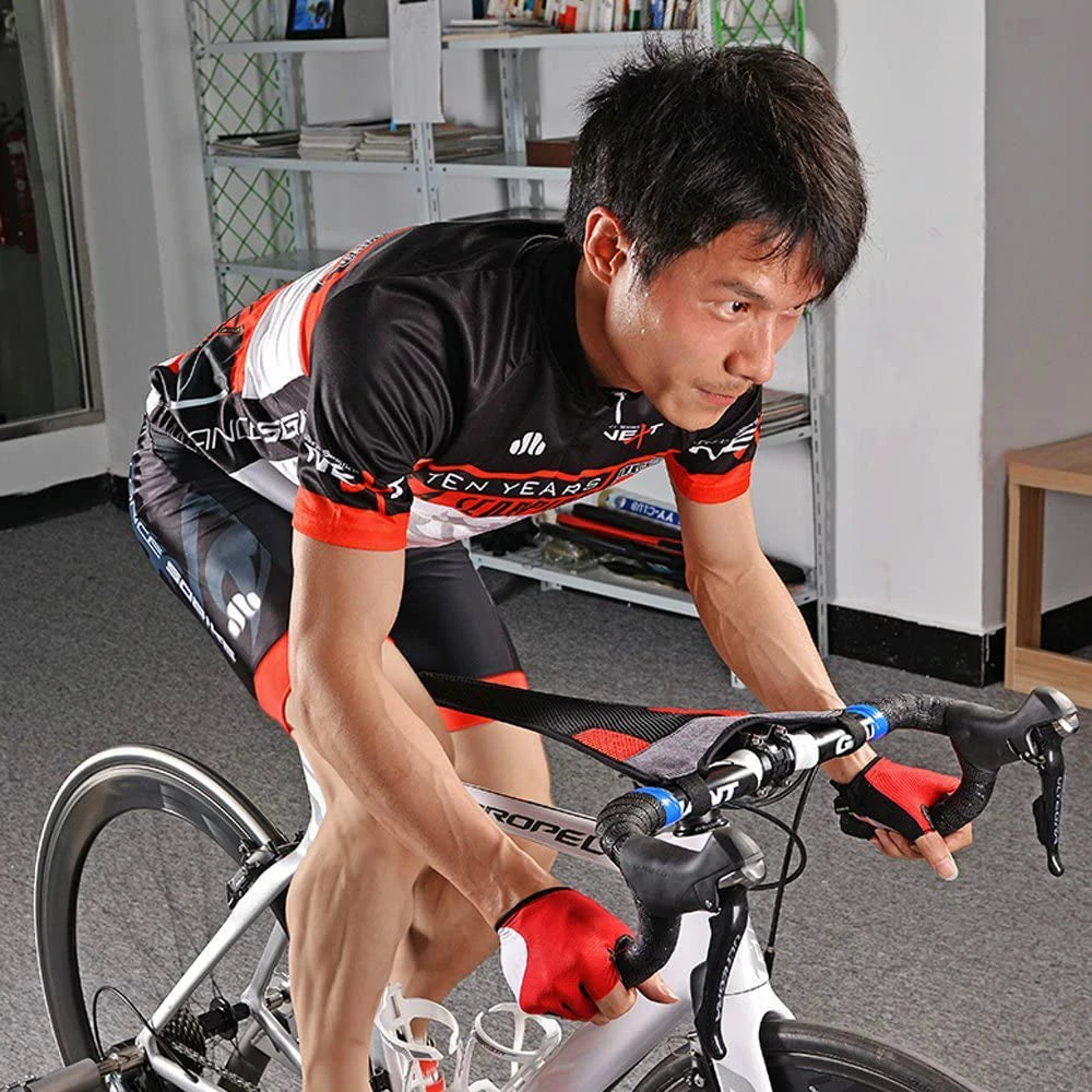 rockbros dual-layer sweat guard stretched between handlebar and seat-post on indoor road bike #Style_Type A