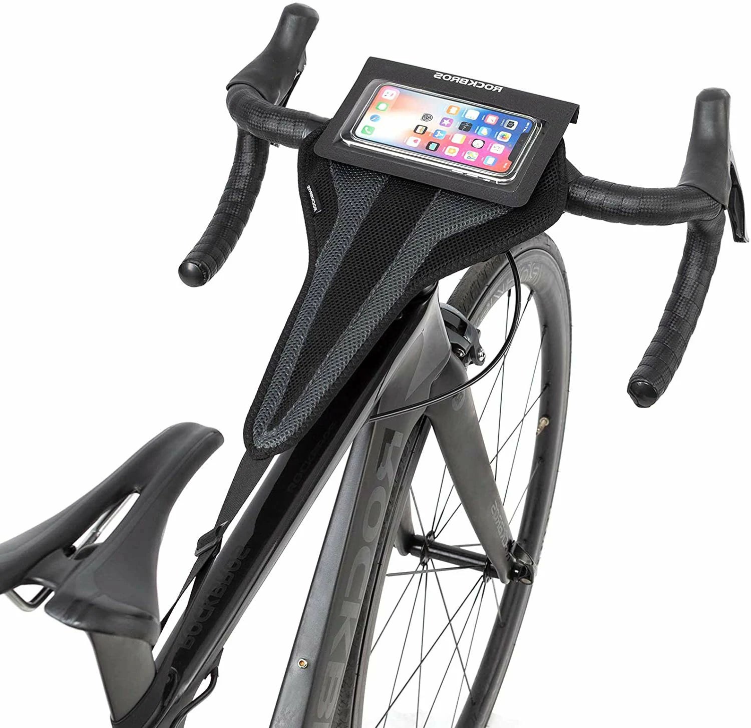 rockbros dual-layer sweat guard stretched between handlebar and seat-post on indoor #Style_Includes a phone pocket