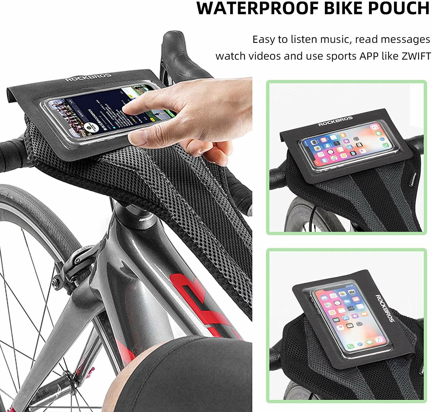 rockbros dual-layer sweat guard stretched between handlebar and seat-post on indoor #Style_Includes a phone pocket