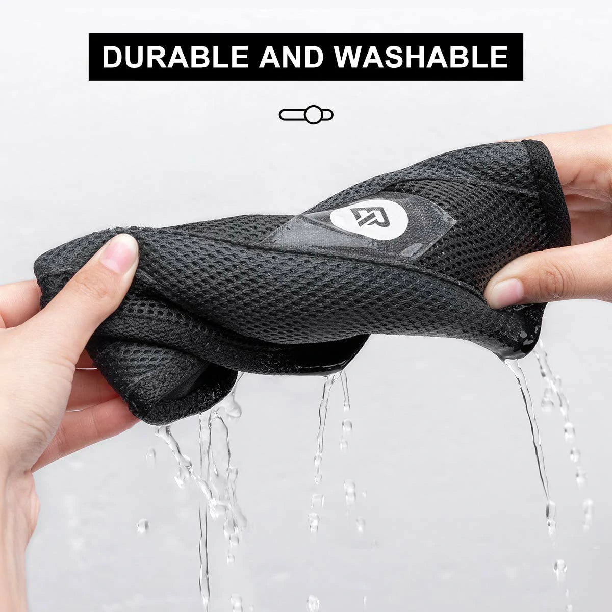 rockbros dual-layer sweat guard stretched between handlebar and seat-post on indoor #Style_Includes a phone pocket