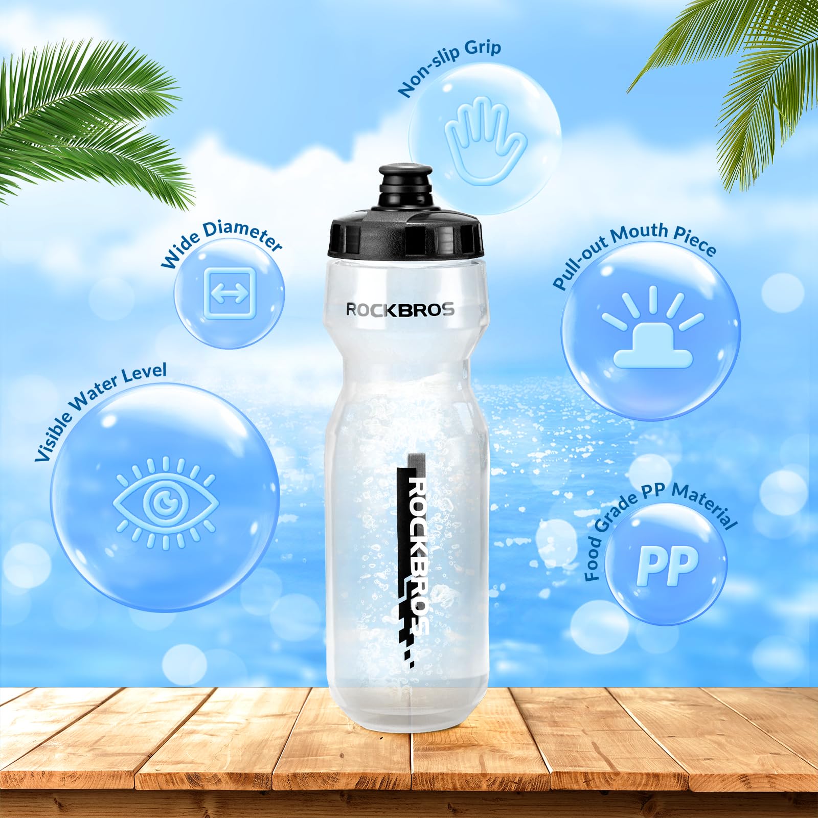 ROCKBROS Bicycle Water Bottle 750 ml Sports Drinks Bottle BPA-Free #Color_Black + Transparent