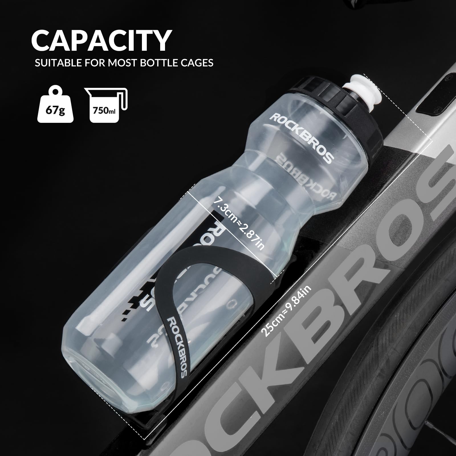 ROCKBROS Bicycle Water Bottle 750 ml Sports Drinks Bottle BPA-Free #Color_Black + Transparent