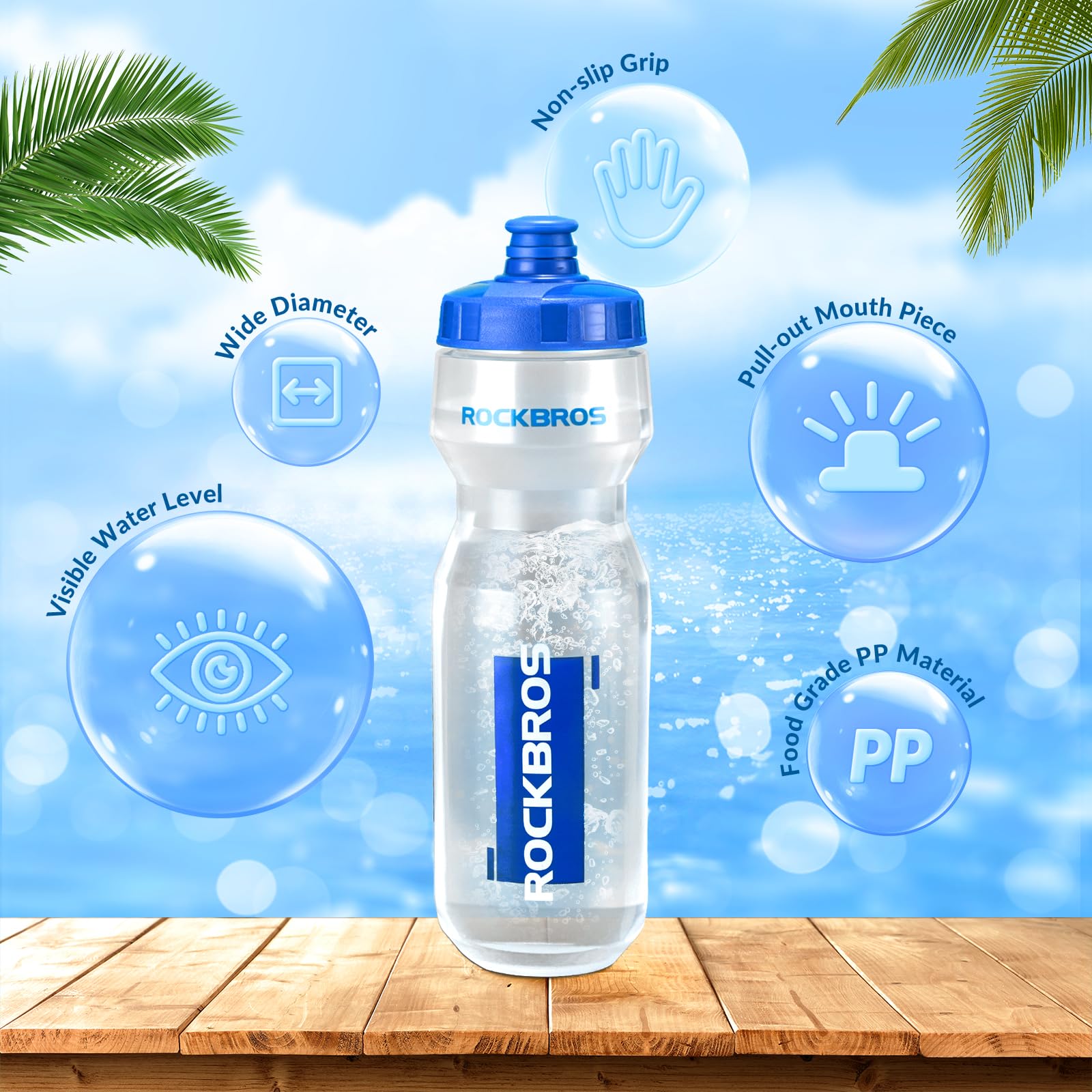 ROCKBROS Bicycle Water Bottle 750 ml Sports Drinks Bottle BPA-Free #Color_Blue + Transparent