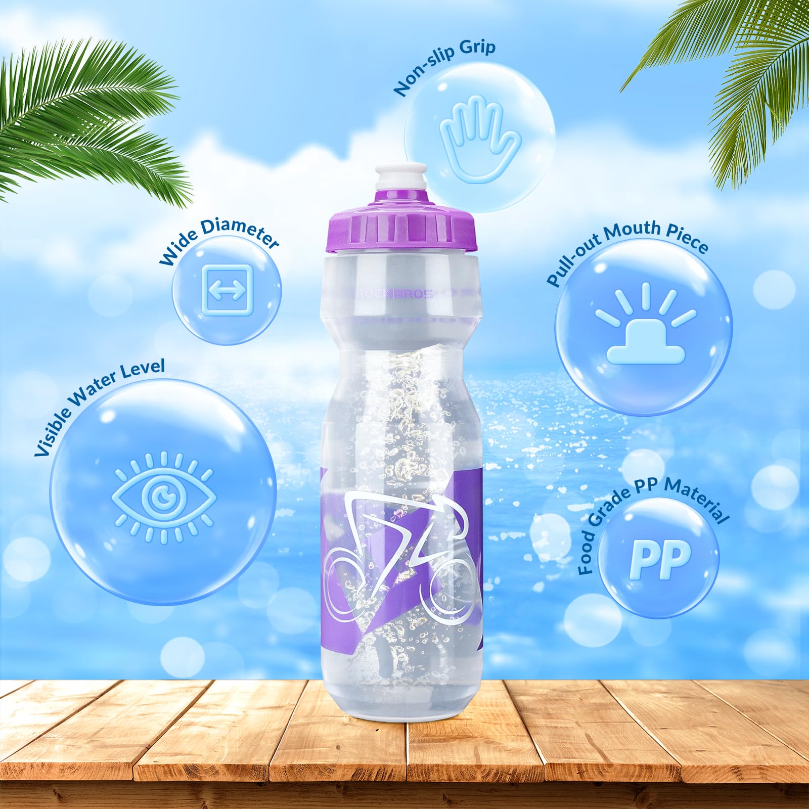 ROCKBROS Bicycle Water Bottle 750 ml Sports Drinks Bottle BPA-Free #Color_Purple + Transparent