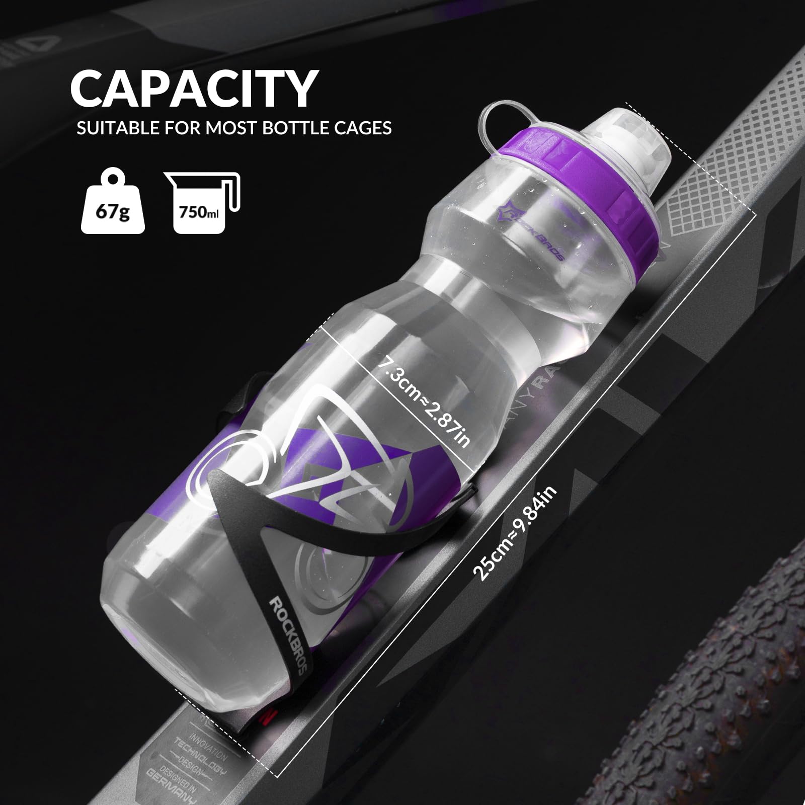 ROCKBROS Bicycle Water Bottle 750 ml Sports Drinks Bottle BPA-Free #Color_Purple + Transparent