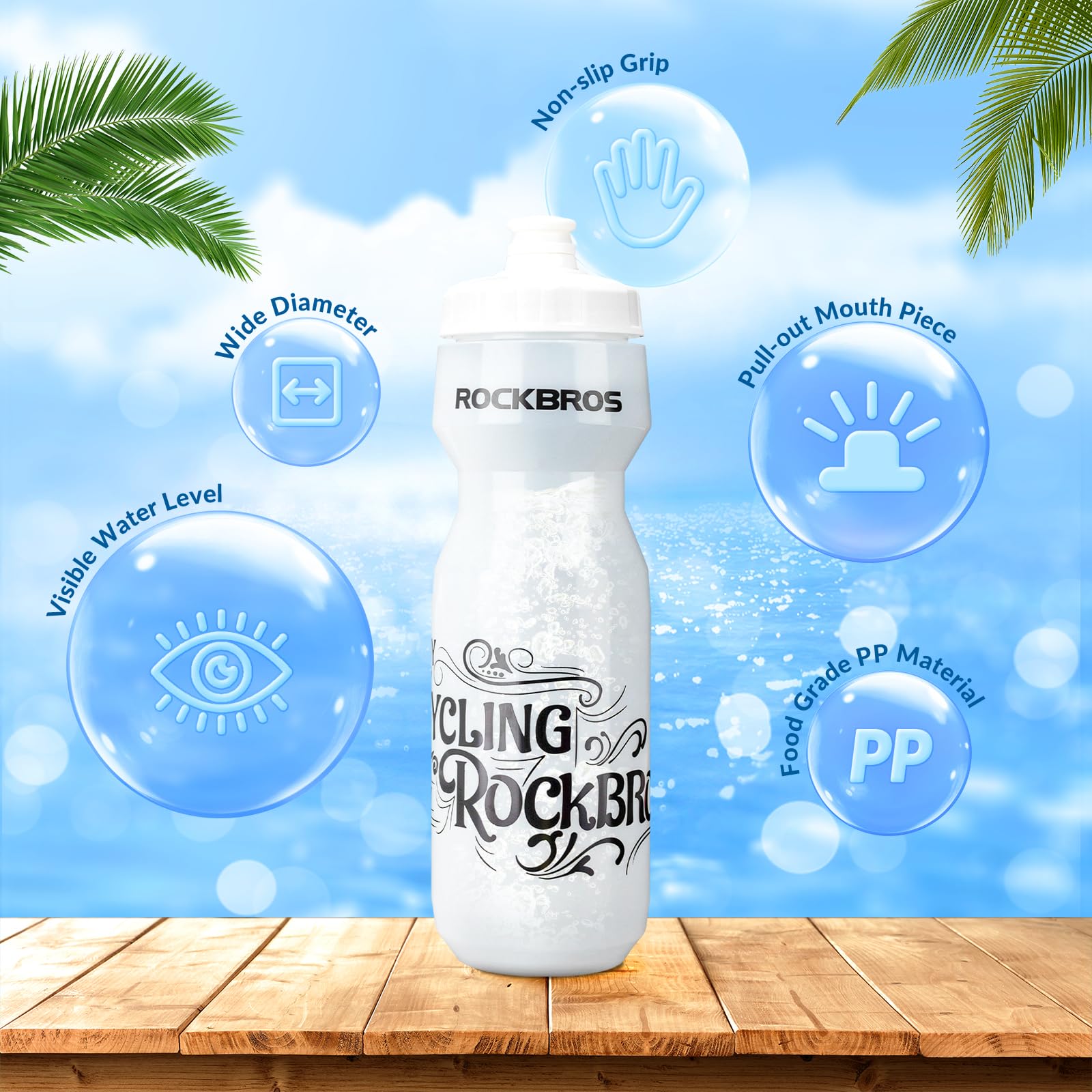 ROCKBROS Bicycle Water Bottle 750 ml Sports Drinks Bottle BPA-Free #Color_White + Translucent