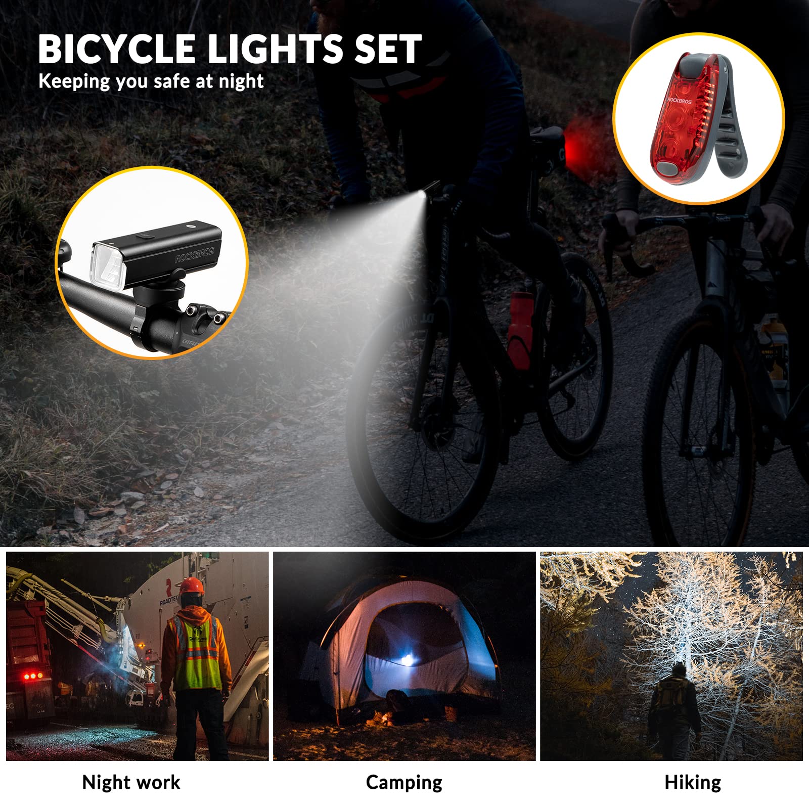 ROCKBROS Bike Front and Rear Light Sets with 5 Light Modes IPX6 Waterproof