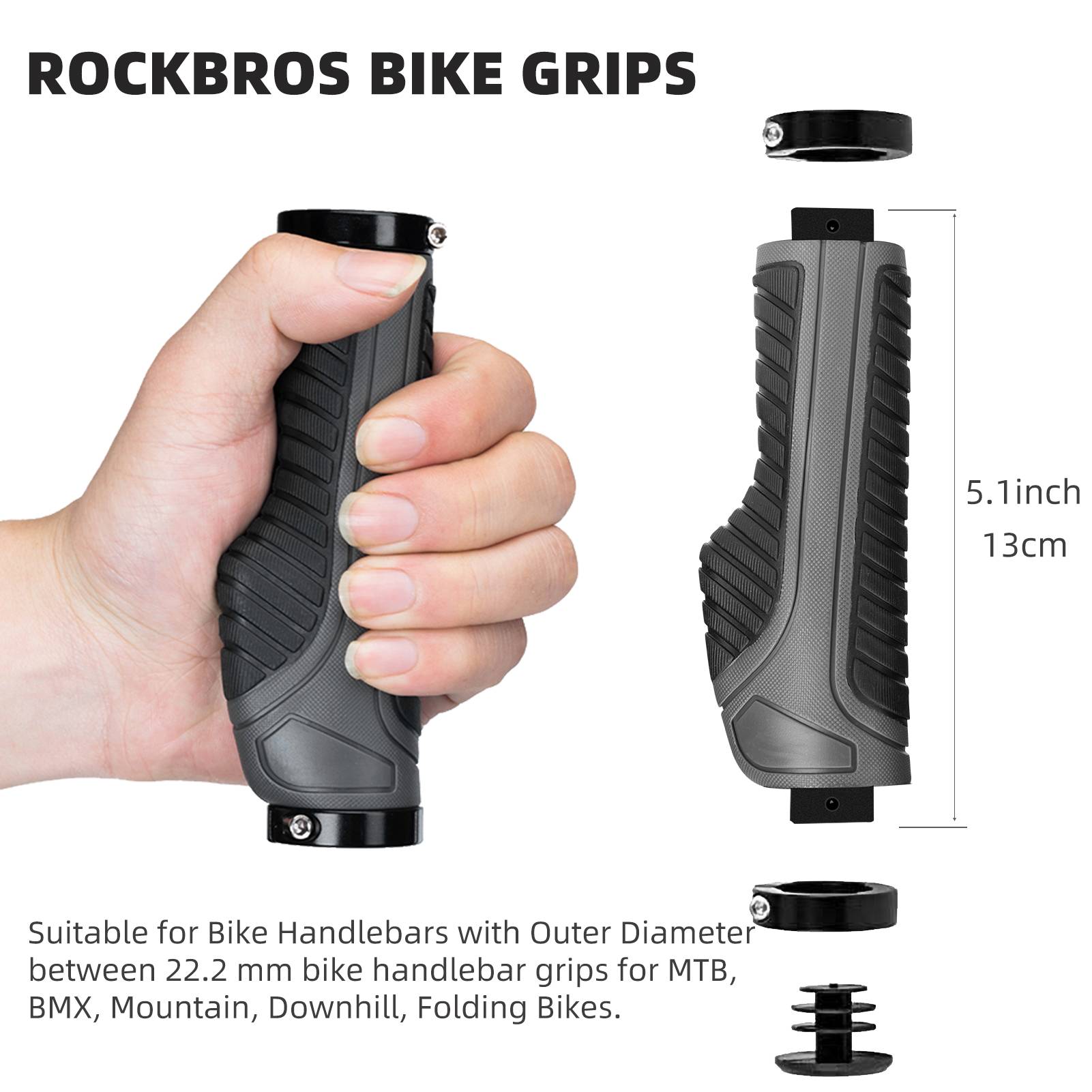 ROCKBROS Bike Grips Mountain Bike Handlebar Double Lock Rubber #Color_Grey