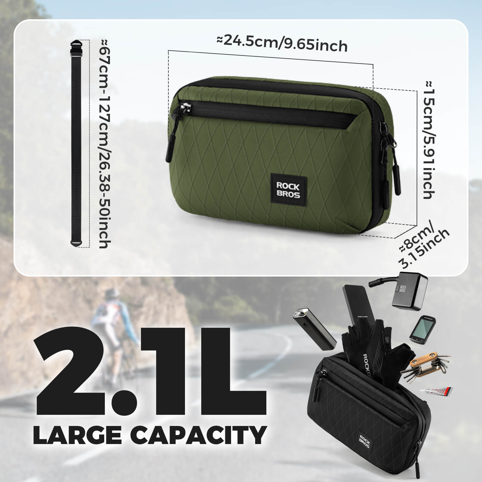 ROCKBROS bike handlebar bag, versatile crossbody bag, 2.1L capacity, durable and practical for cycling. 