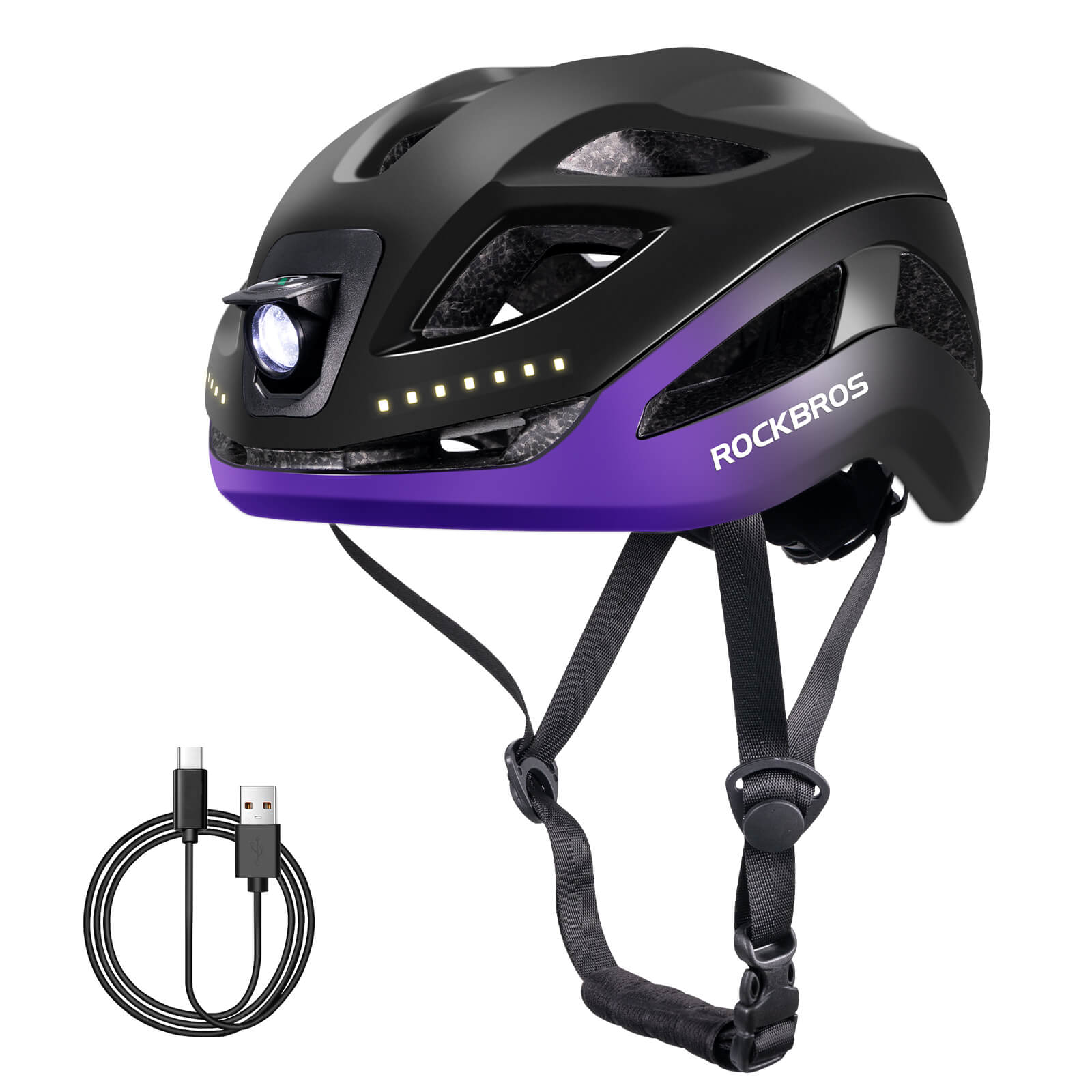 ROCKBROS bike helmet with light, USB rechargeable, adjustable, in black and purple, ideal for safe cycling #Color_Black Purple