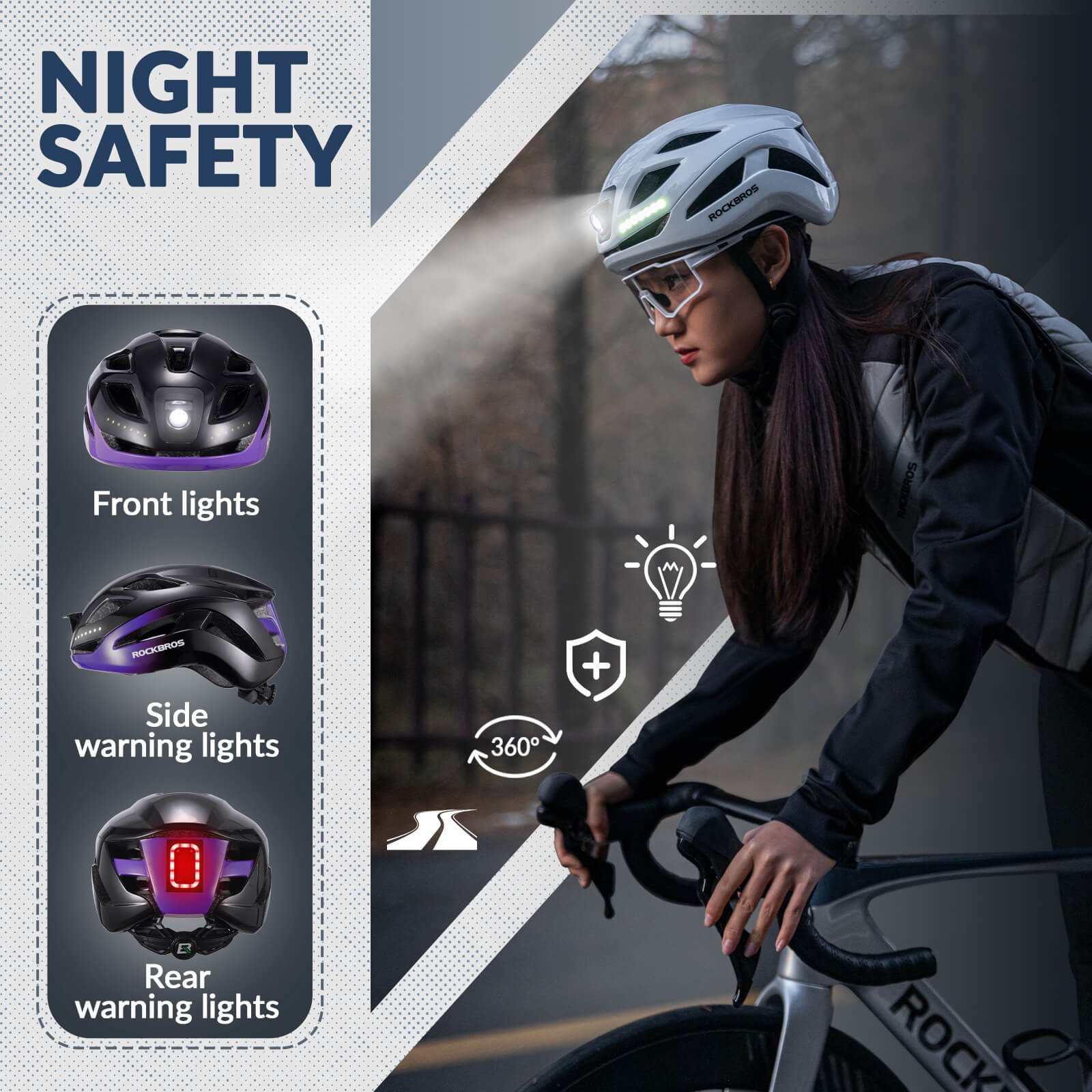 ROCKBROS bike helmet with light, USB rechargeable, adjustable, in black and purple, ideal for safe cycling #Color_Black Purple