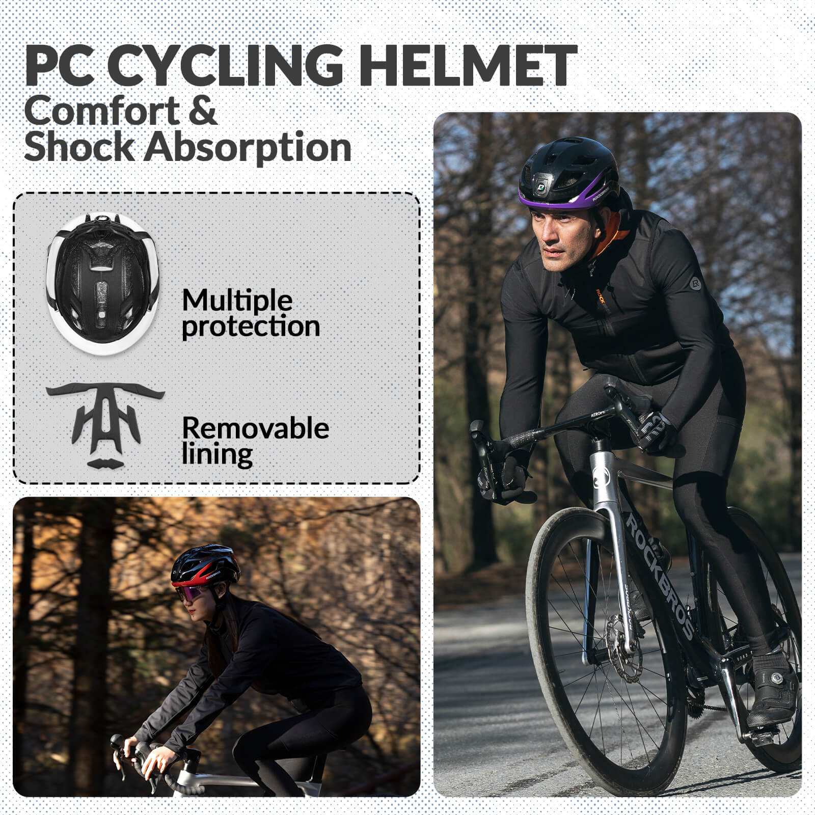 ROCKBROS bike helmet with light, USB rechargeable, adjustable, in black and purple, ideal for safe cycling #Color_Black Purple