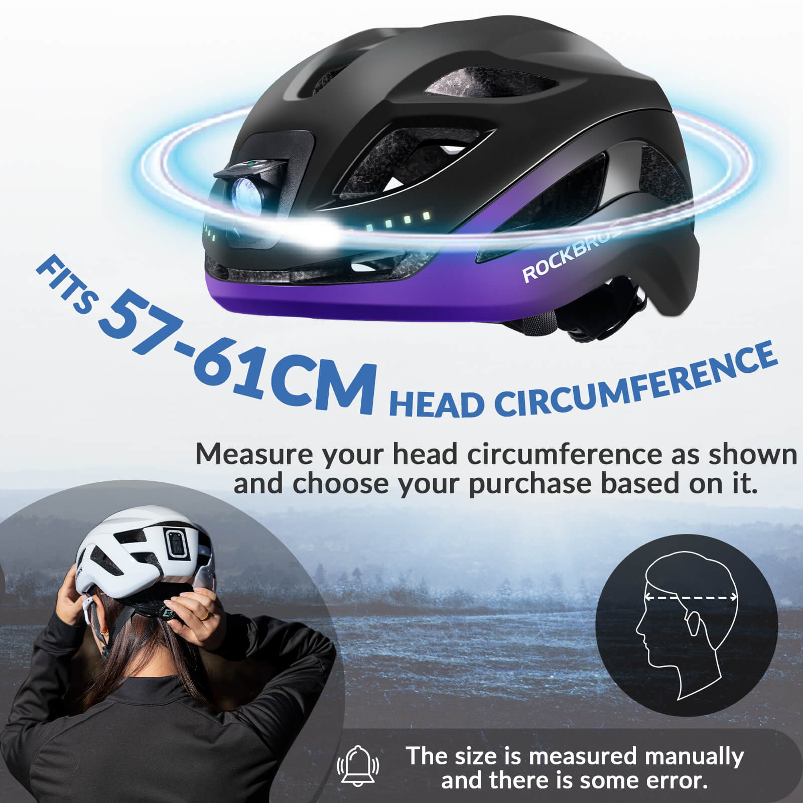 ROCKBROS bike helmet with light, USB rechargeable, adjustable, in black and purple, ideal for safe cycling #Color_Black Purple