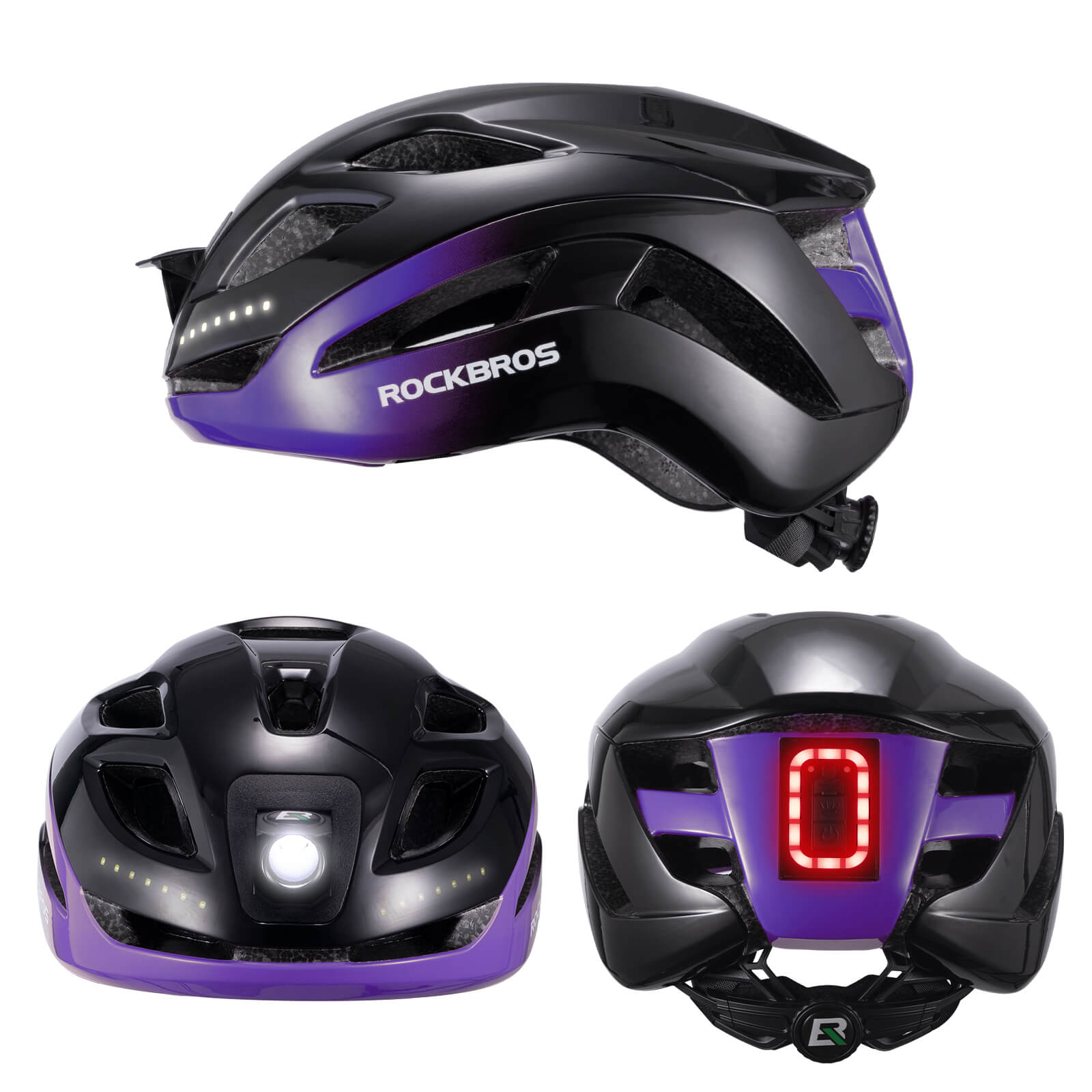 ROCKBROS bike helmet with light, USB rechargeable, adjustable, in black and purple, ideal for safe cycling #Color_Black Purple