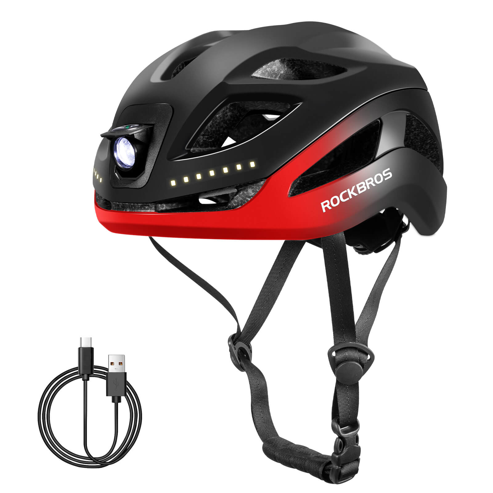 ROCKBROS bike helmet with light, USB rechargeable, adjustable, in black and red, ideal for safe cycling #Color_Black Red