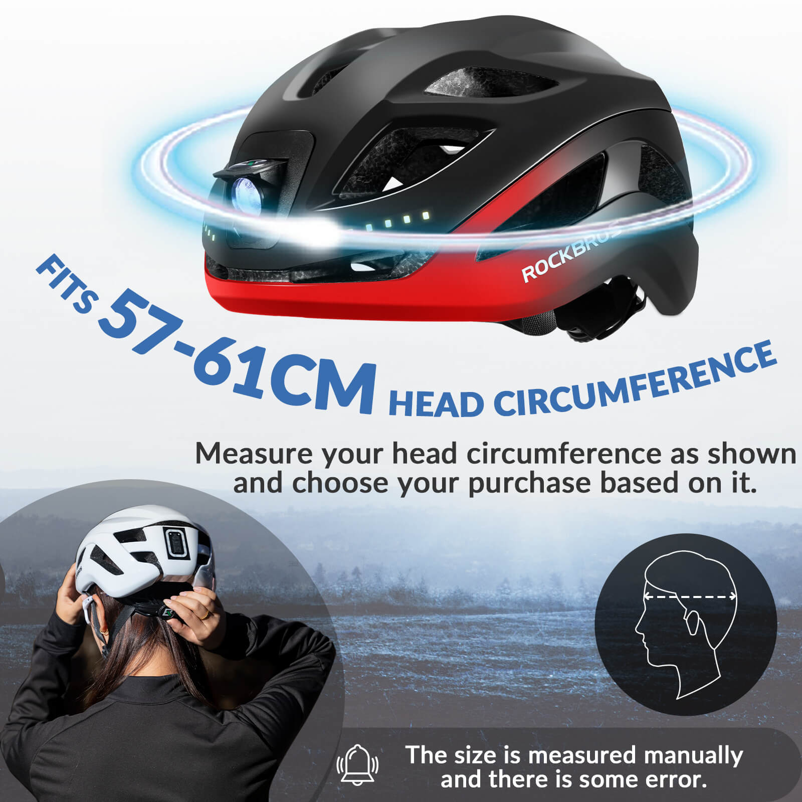 ROCKBROS bike helmet with light, USB rechargeable, adjustable, in black and red, ideal for safe cycling #Color_Black Red