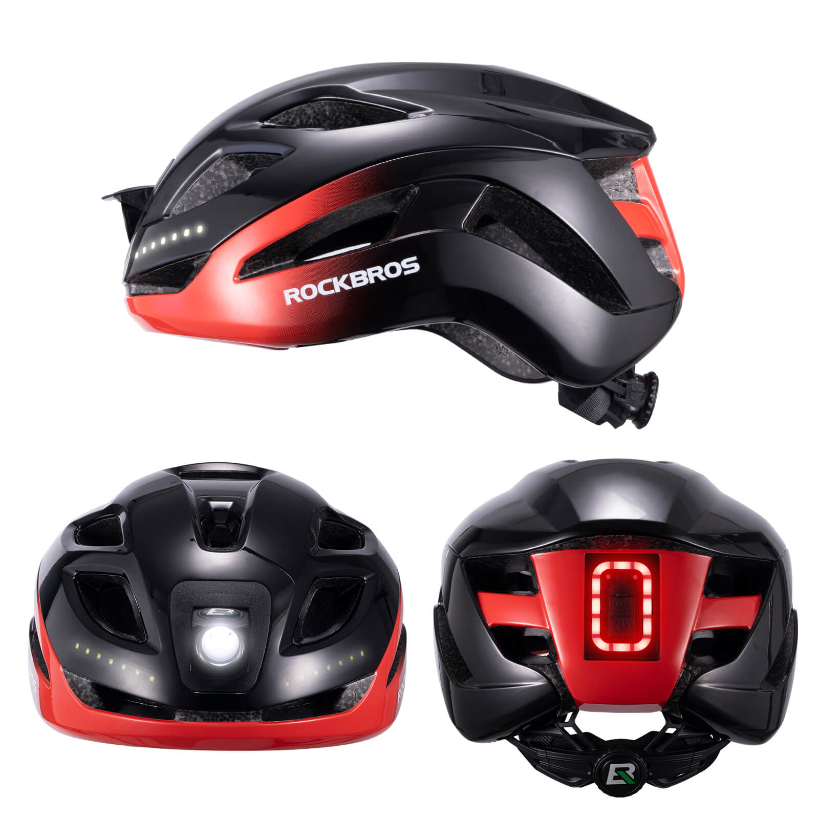 ROCKBROS bike helmet with light, USB rechargeable, adjustable, in black and red, ideal for safe cycling #Color_Black Red