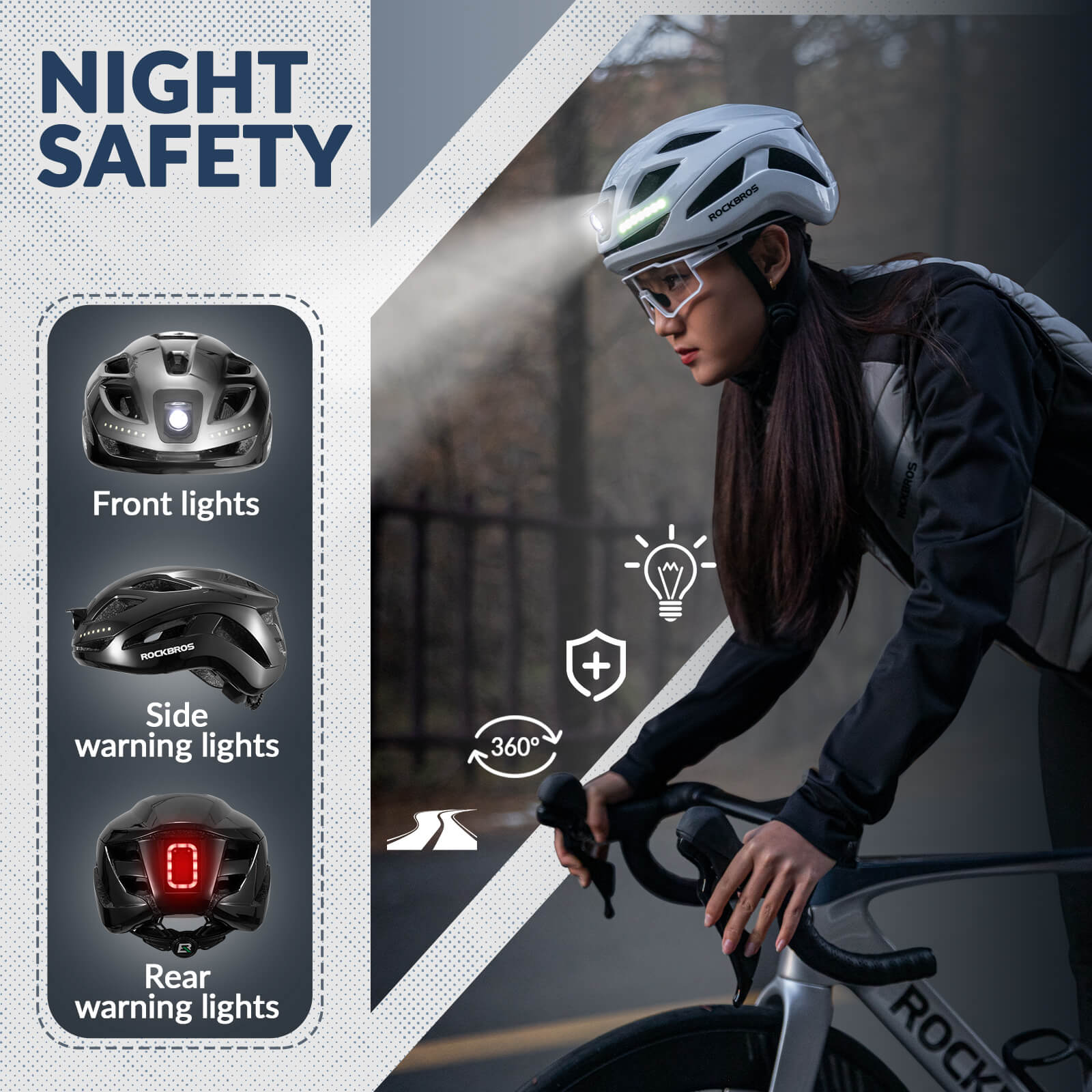 ROCKBROS bike helmet with light, USB rechargeable, adjustable, in black, ideal for safe cycling #Color_Black