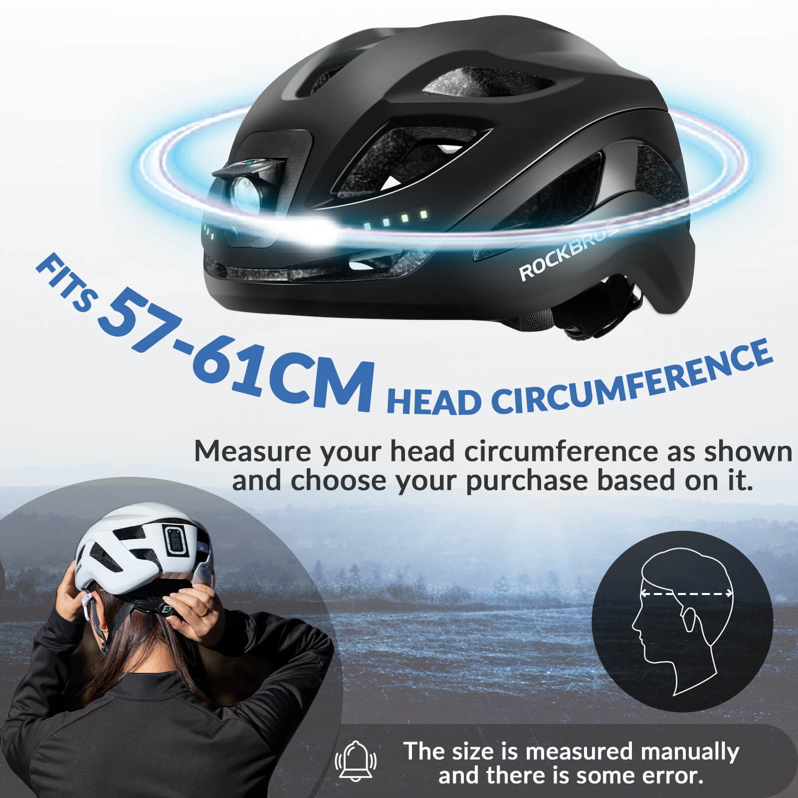 ROCKBROS bike helmet with light, USB rechargeable, adjustable, in black, ideal for safe cycling #Color_Black