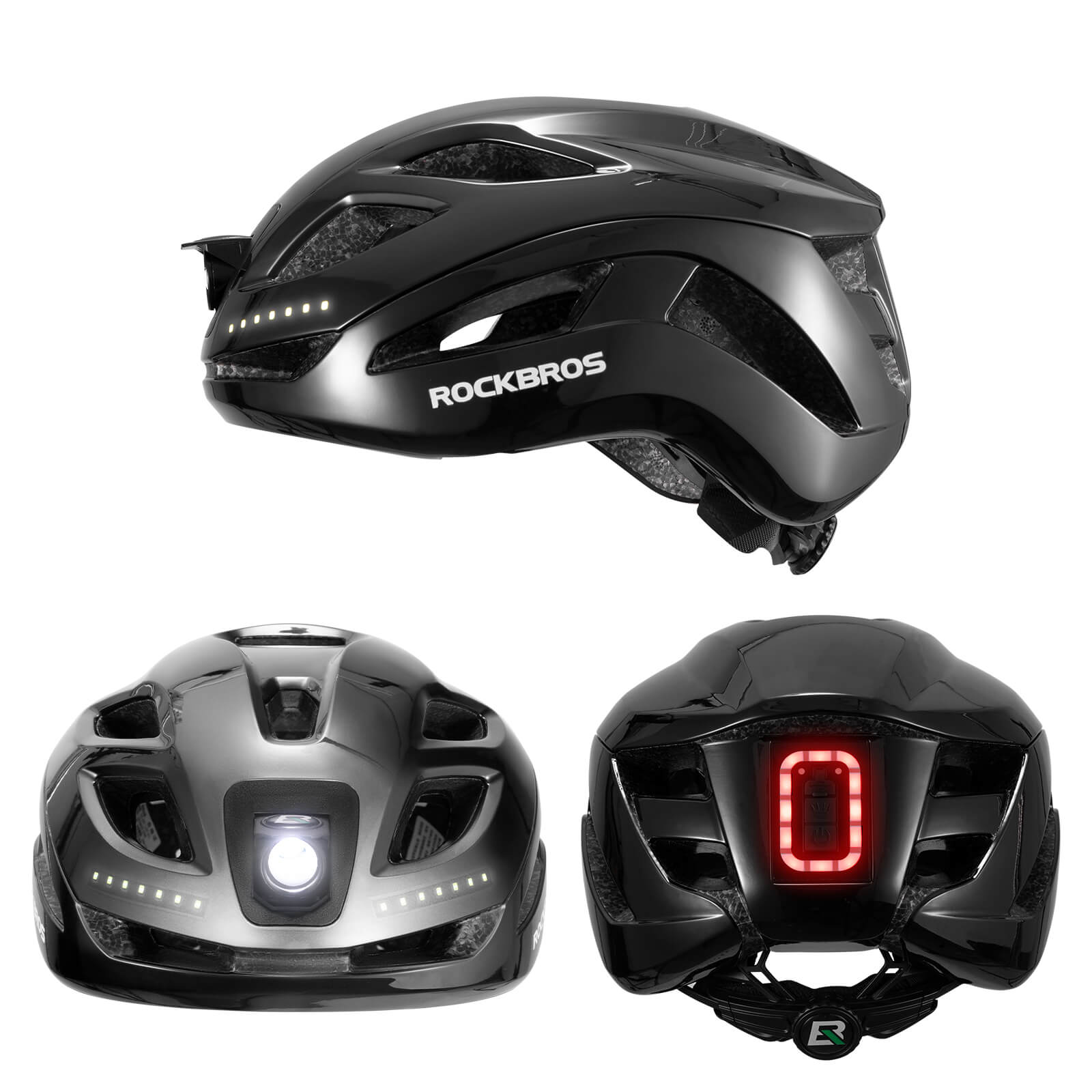 ROCKBROS bike helmet with light, USB rechargeable, adjustable, in black, ideal for safe cycling #Color_Black