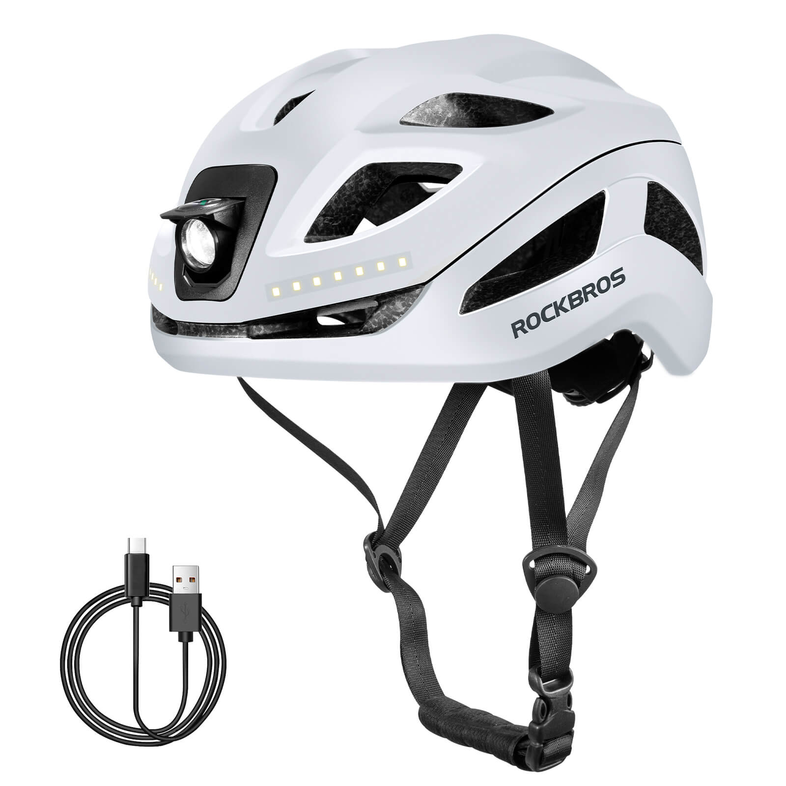 ROCKBROS bike helmet with light, USB rechargeable, adjustable, in white, ideal for safe cycling #Color_White