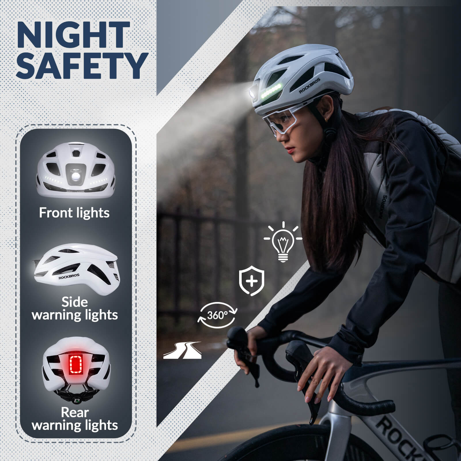 ROCKBROS bike helmet with light, USB rechargeable, adjustable, in white, ideal for safe cycling #Color_White