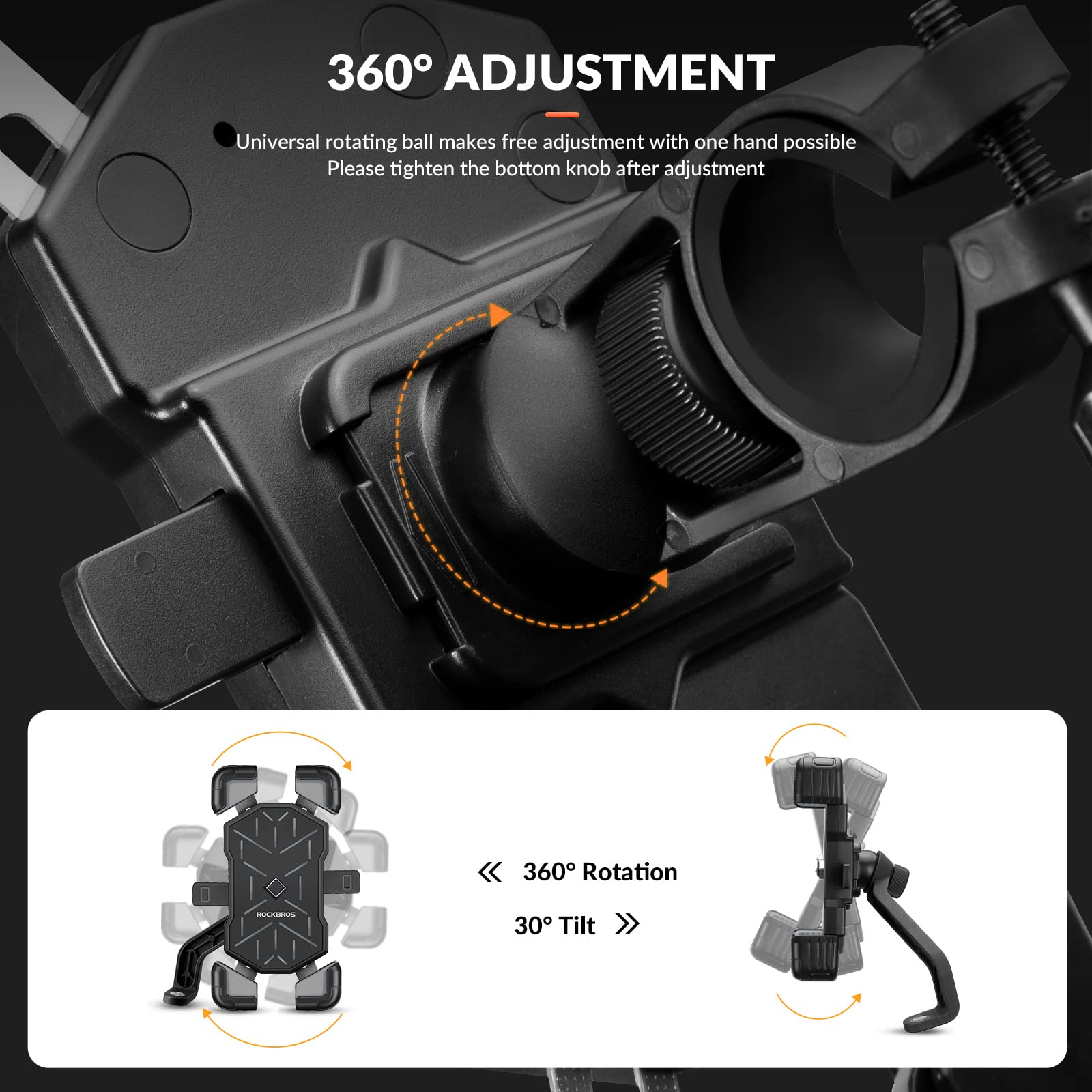 ROCKBROS Bike Mobile Phone Holder 360° Rotatable #Color_Black Grey