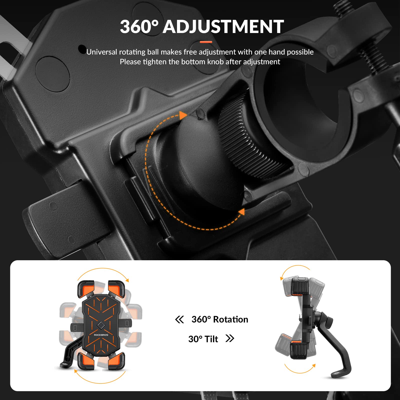 ROCKBROS Bike Mobile Phone Holder 360° Rotatable #Color_Black Orange