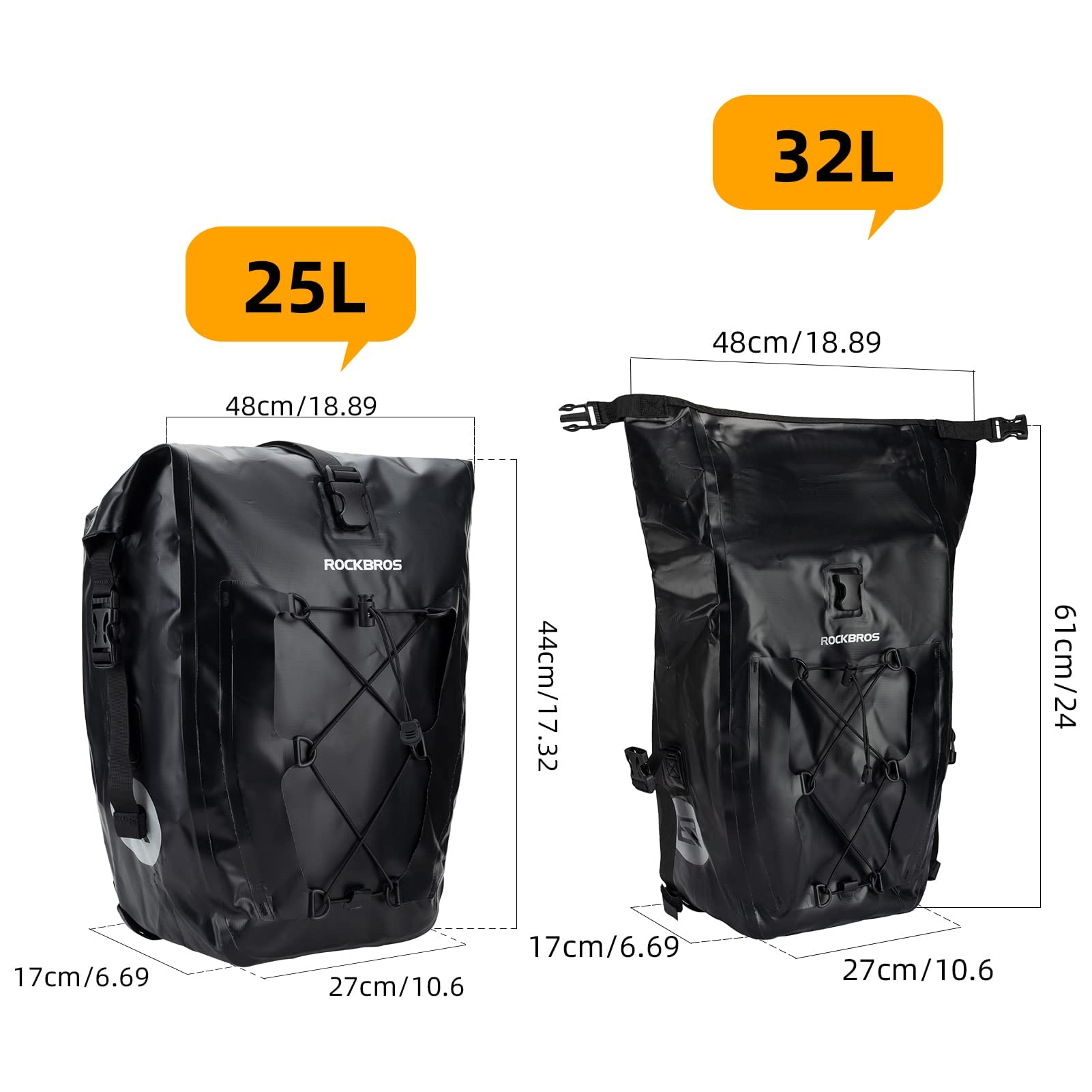 ROCKBROS Bike Pannier Bag 25L 32L 100% Waterproof Rear Rack Bike Bag #Style_Orange-2pcs