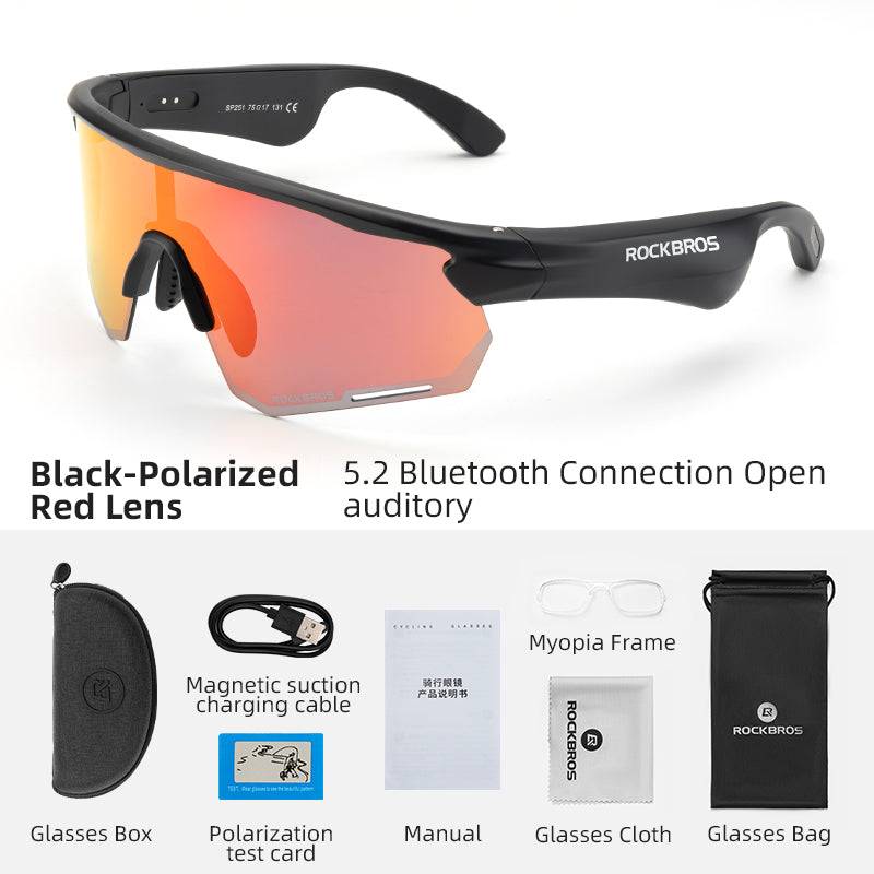 ROCKBROS Bluetooth Sunglasses TAC polarized lenses with Music Speaker #Color_Red