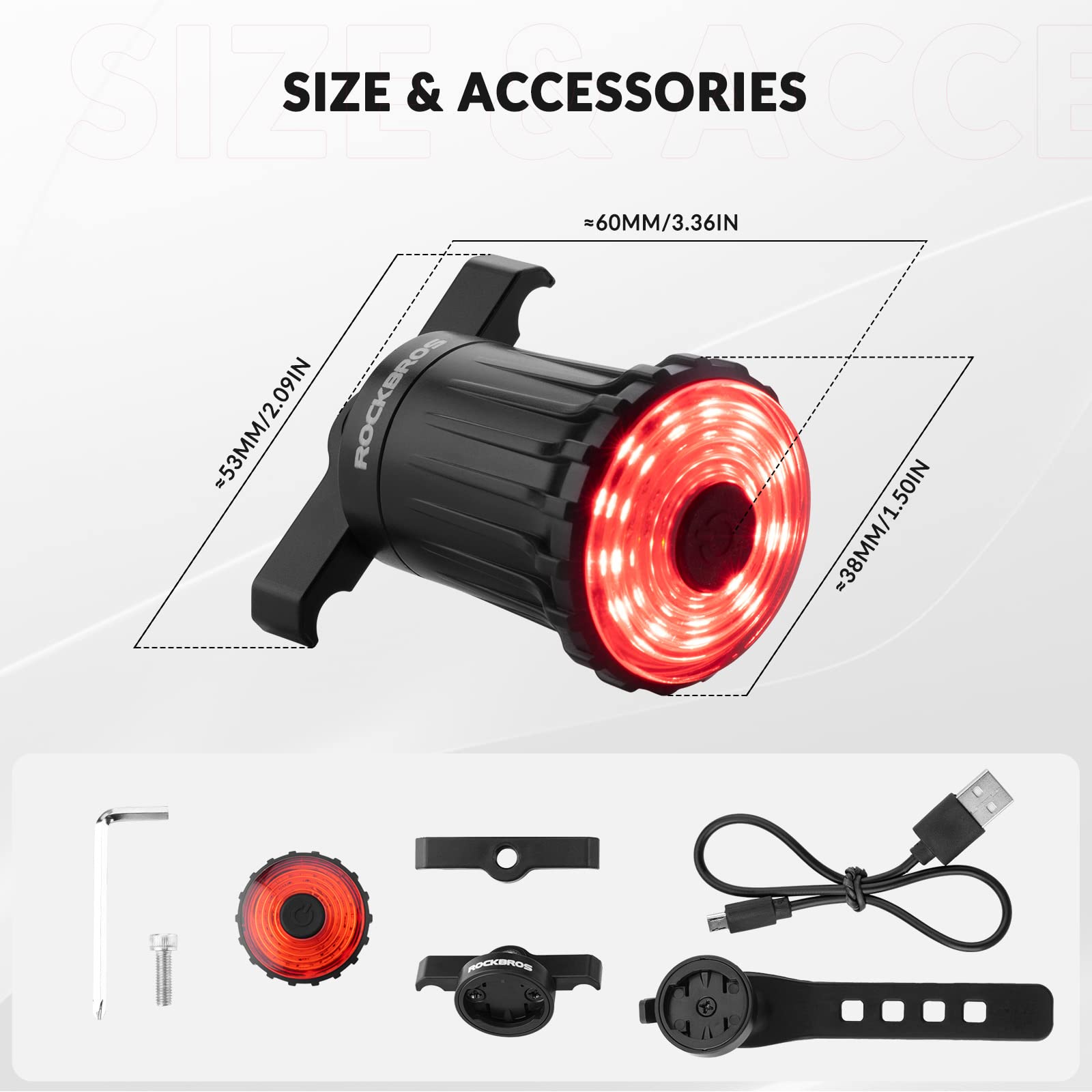 ROCKBROS Brake Sensing Rear Bike Tail Light 100 Lumens USB Rechargeable