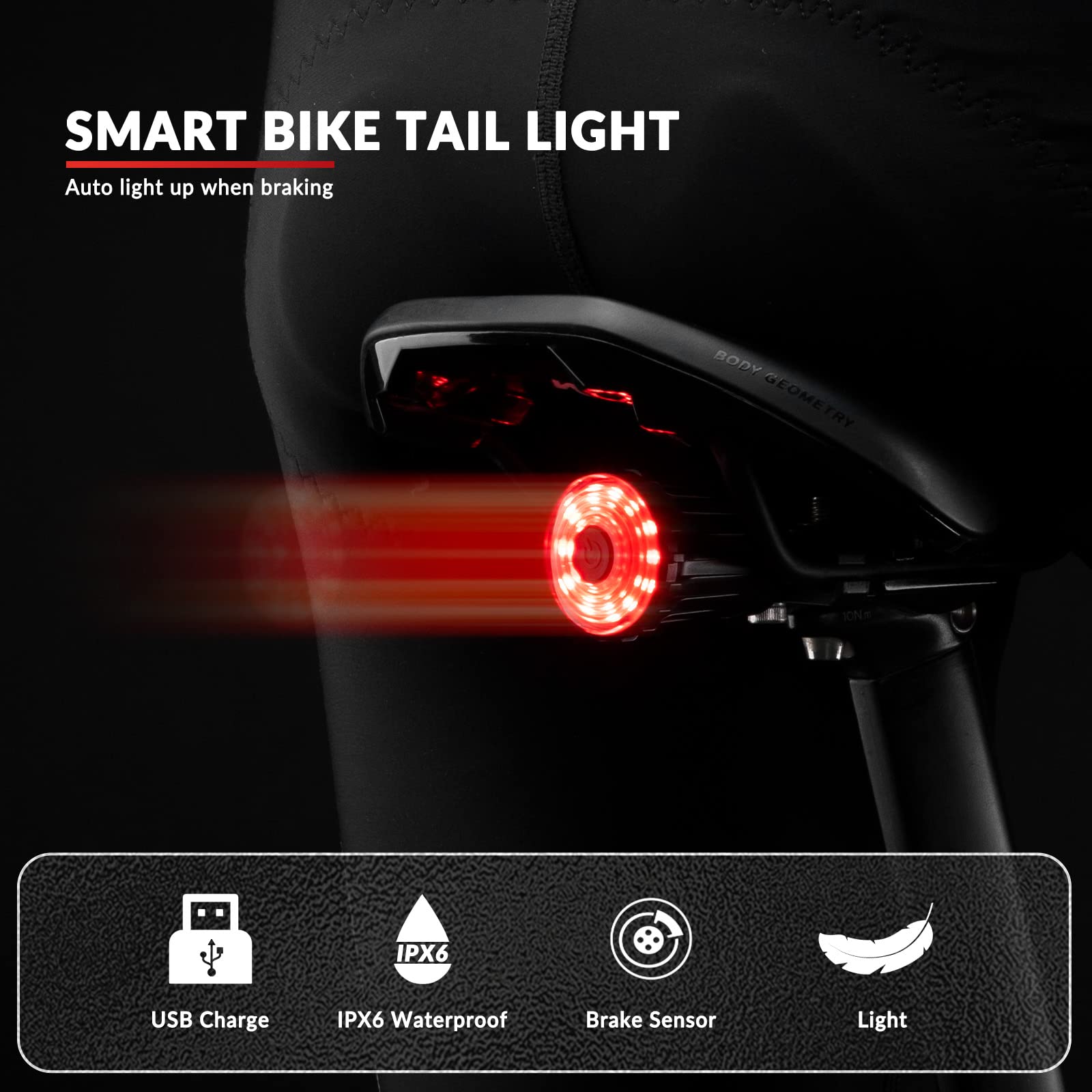 ROCKBROS Brake Sensing Rear Bike Tail Light 100 Lumens USB Rechargeable