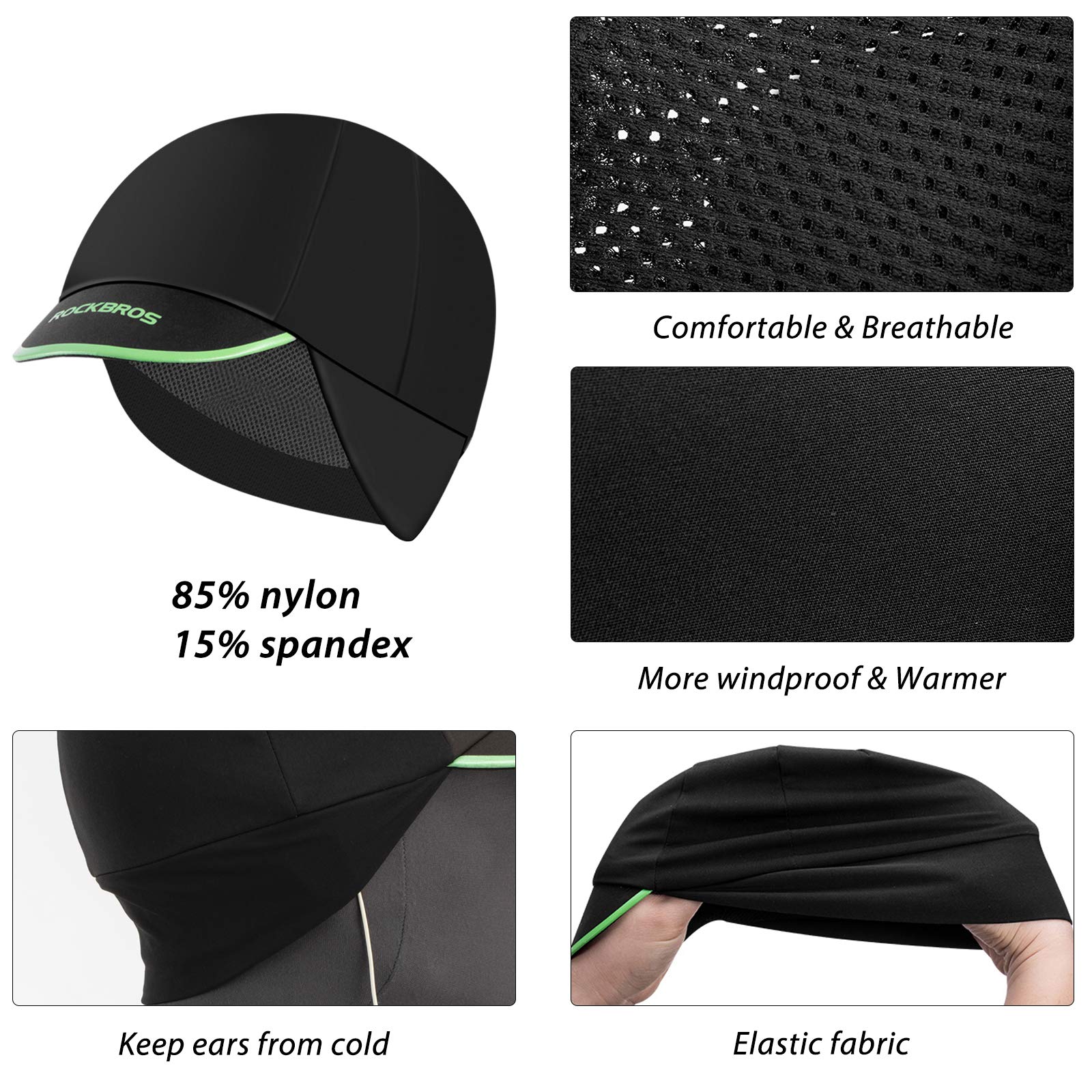 ROCKBROS Cycling Cap, Thermal Fleece Helmet Liner with Earmuffs, Sunproof Black