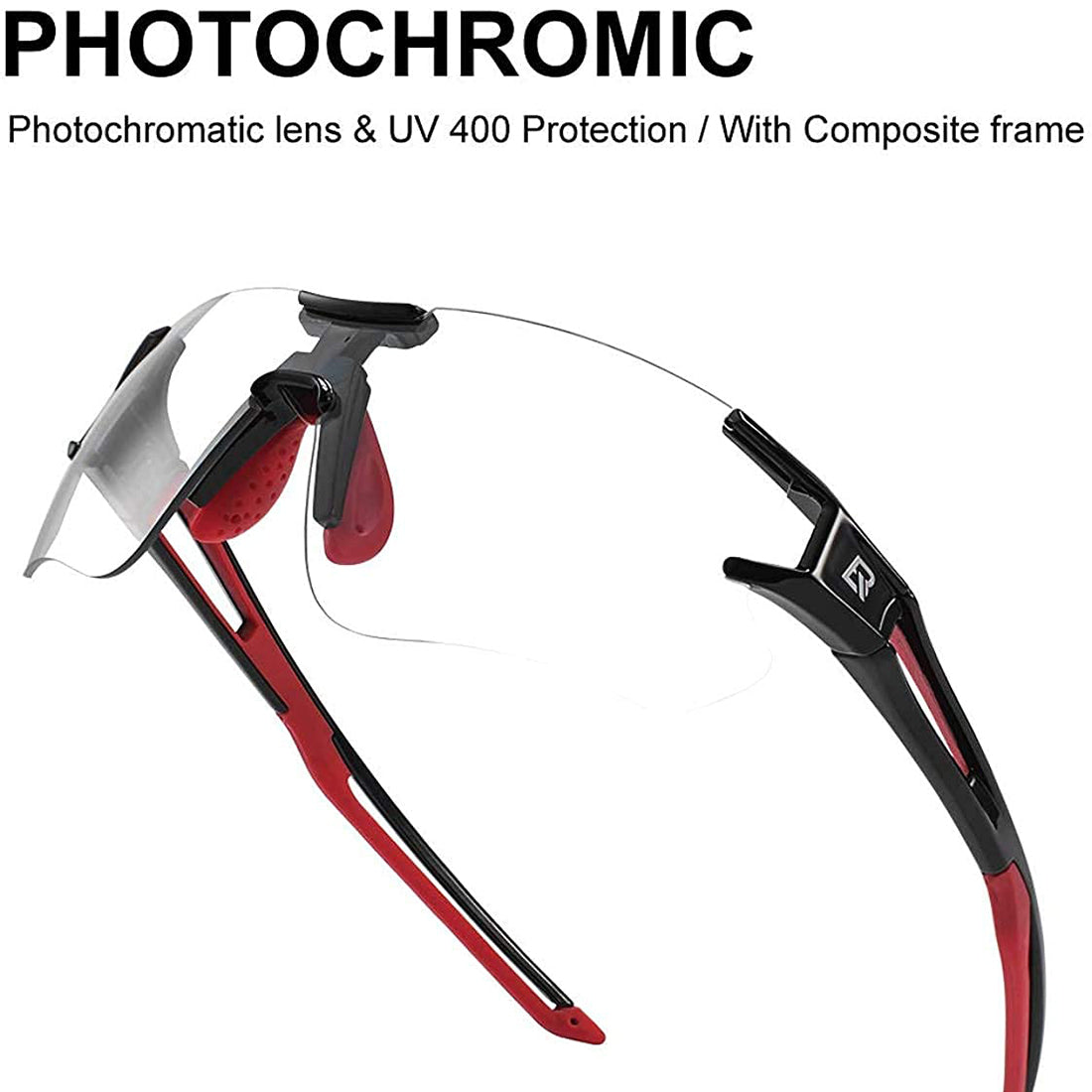 ROCKBROS Cycling Photochromic Sunglasses Rimless Transparent Goggles #Color_Black Red