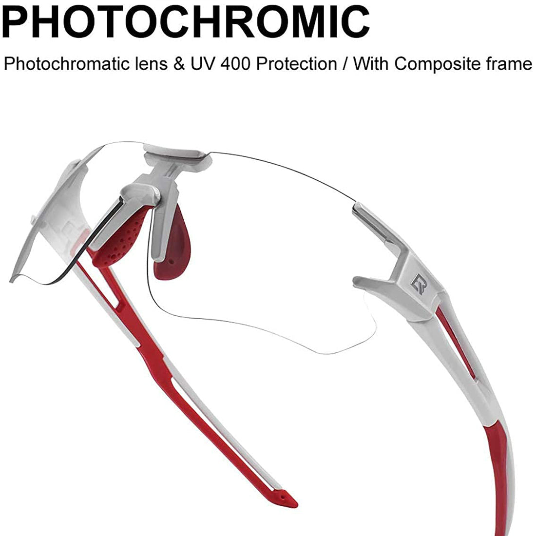 ROCKBROS Cycling Photochromic Sunglasses Rimless Transparent Goggles #Color_ White Red