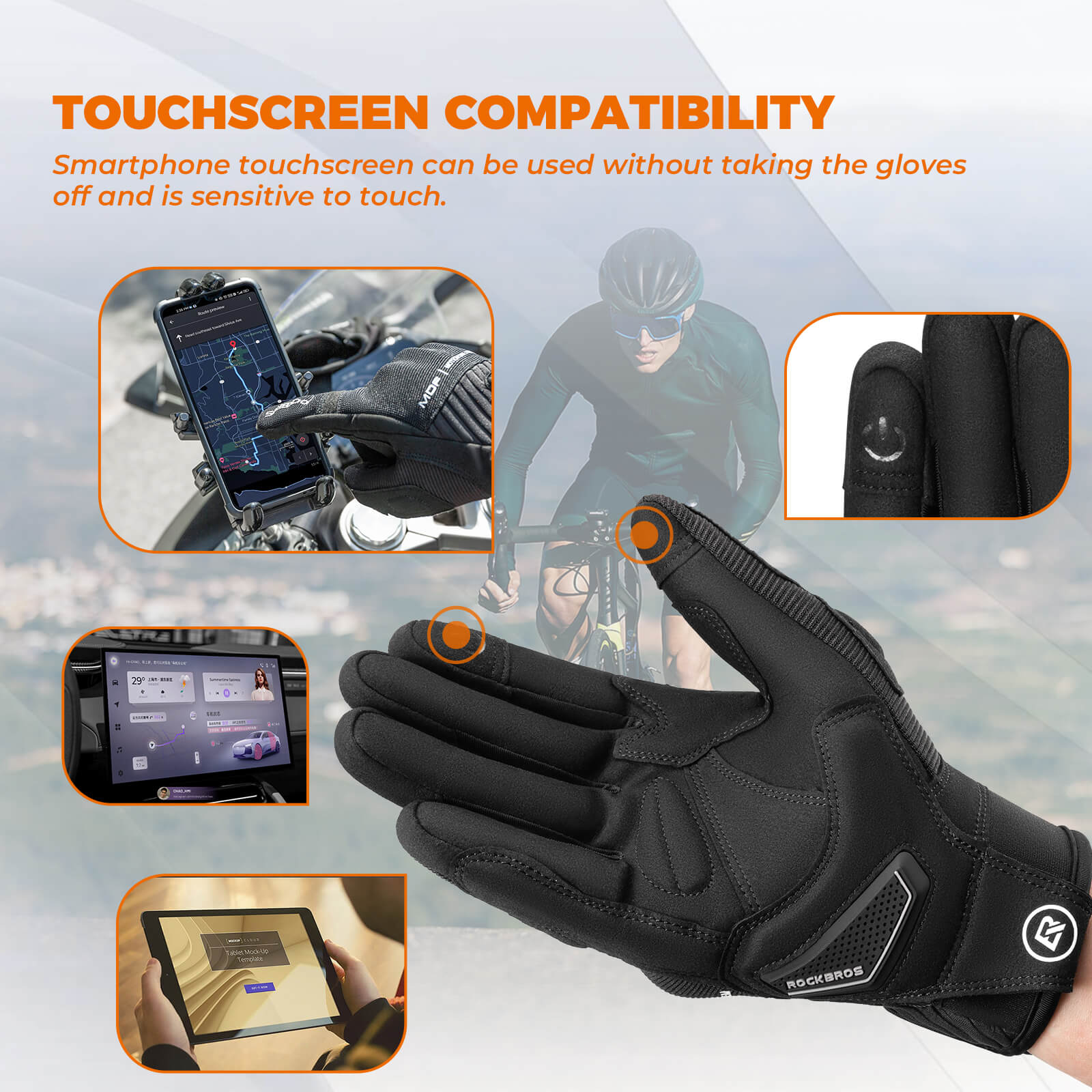 ROCKBROS Full Finger Cycling Gloves Touchscreen Breathable Flexible Padded