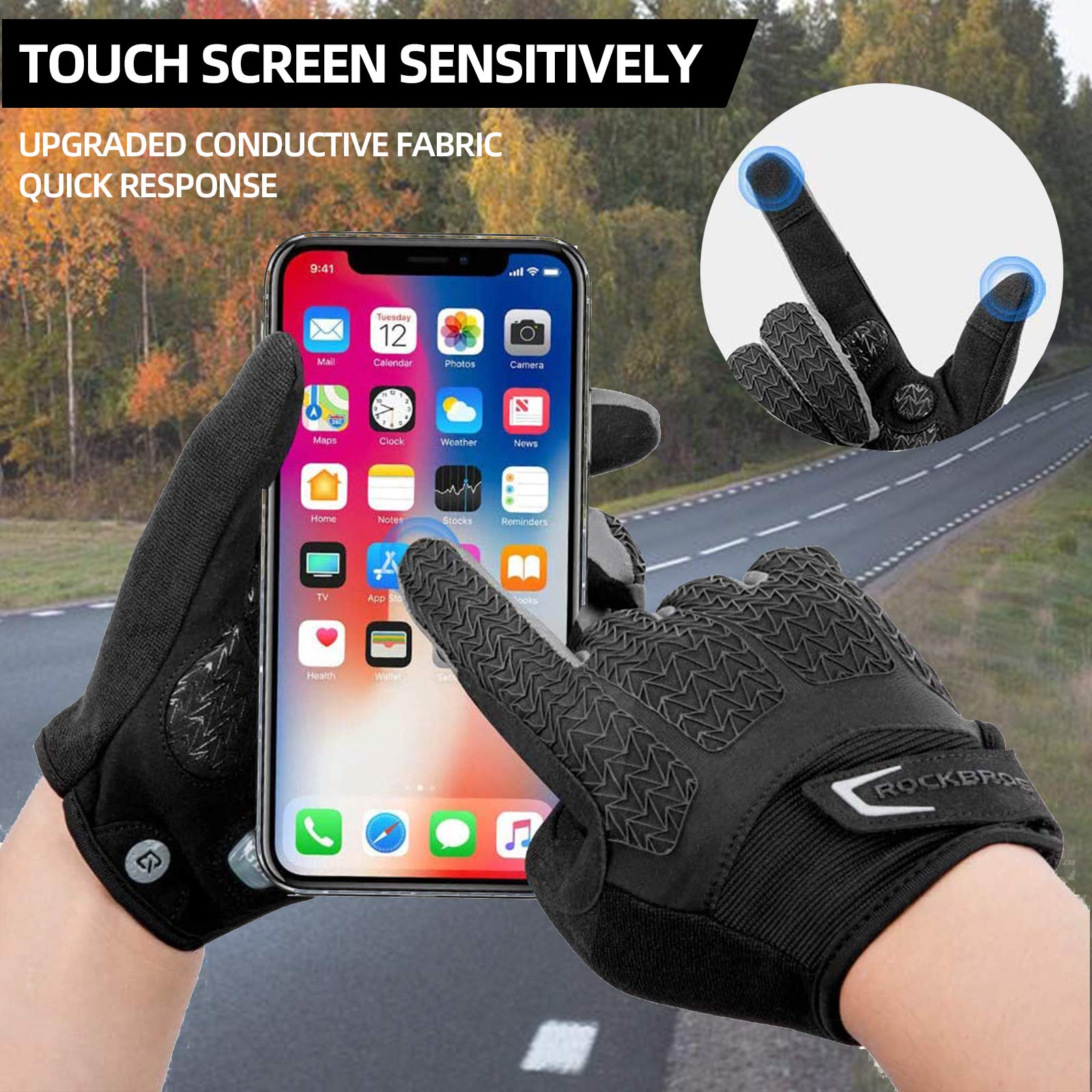 ROCKBROS Full Finger Cycling Gloves, Touchscreen Gel Padded MTB Gloves Winter